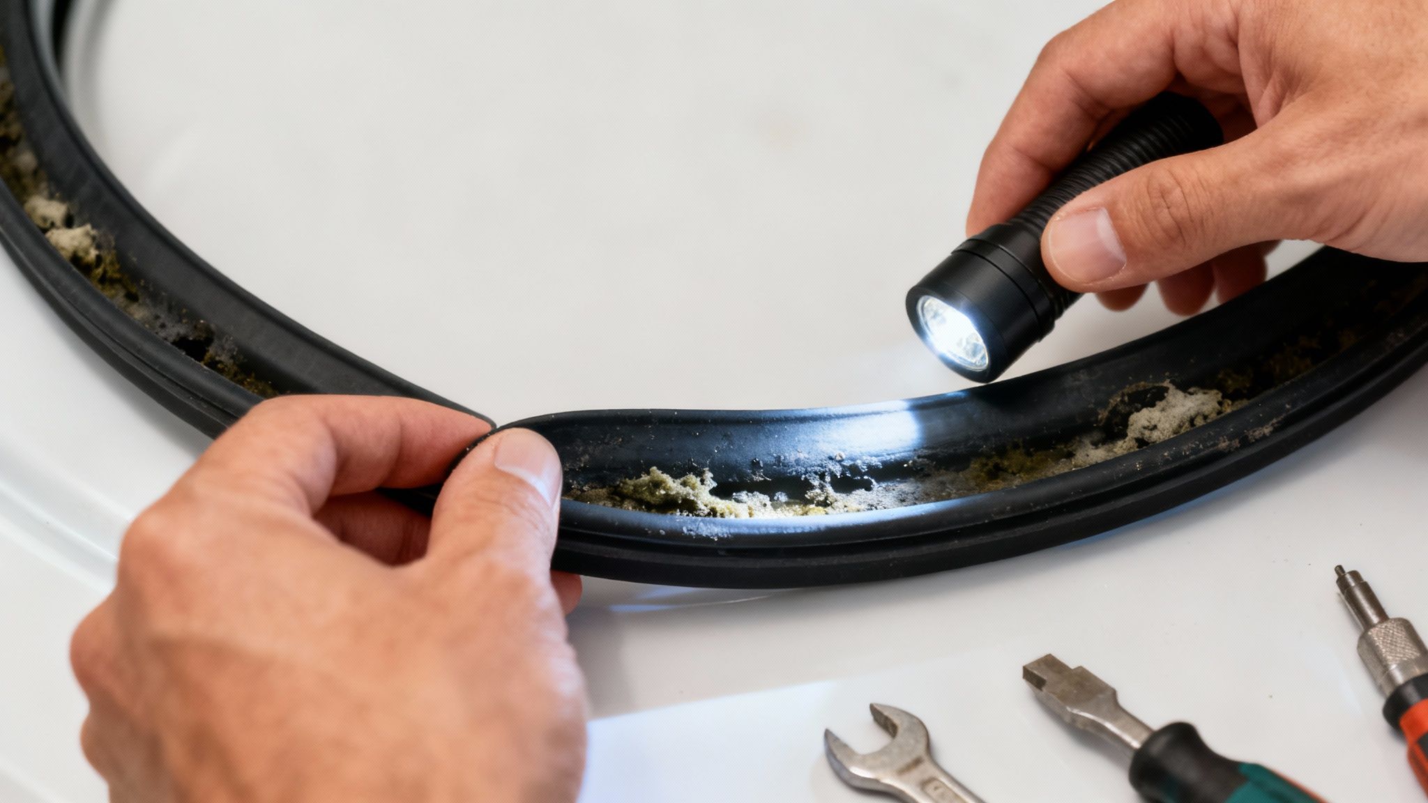 Hands illuminate a severely soiled washing machine door gasket with a flashlight, showing mold and grime.