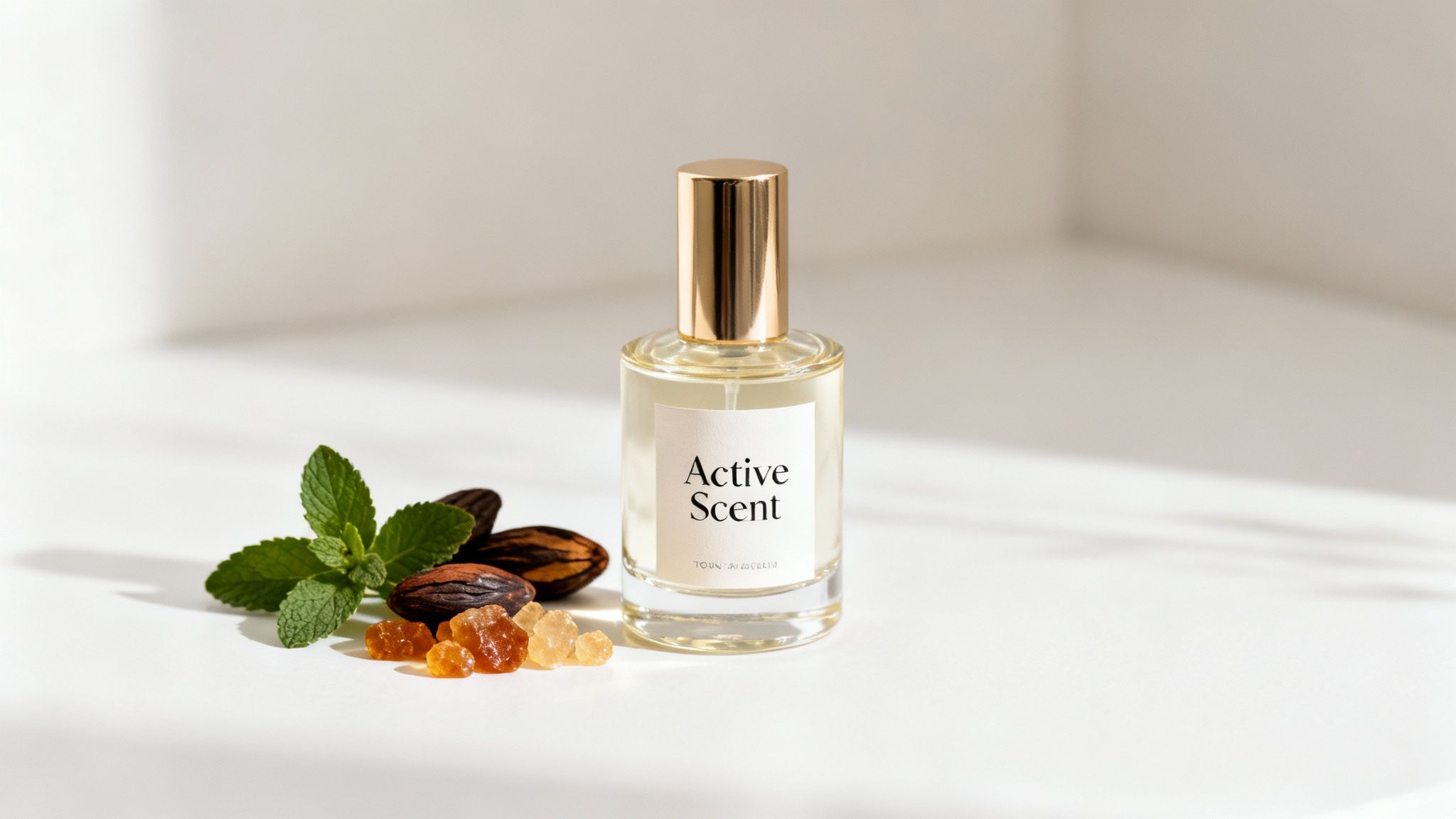 Active Scent perfume bottle with gold cap alongside mint leaves, cacao pods, and amber crystals