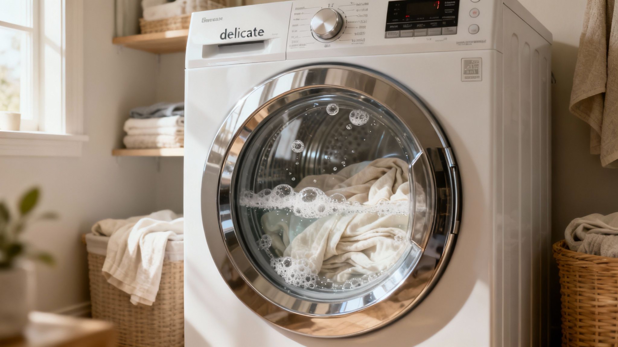A white front-loading washing machine actively cleaning clothes with suds in a bright laundry room.
