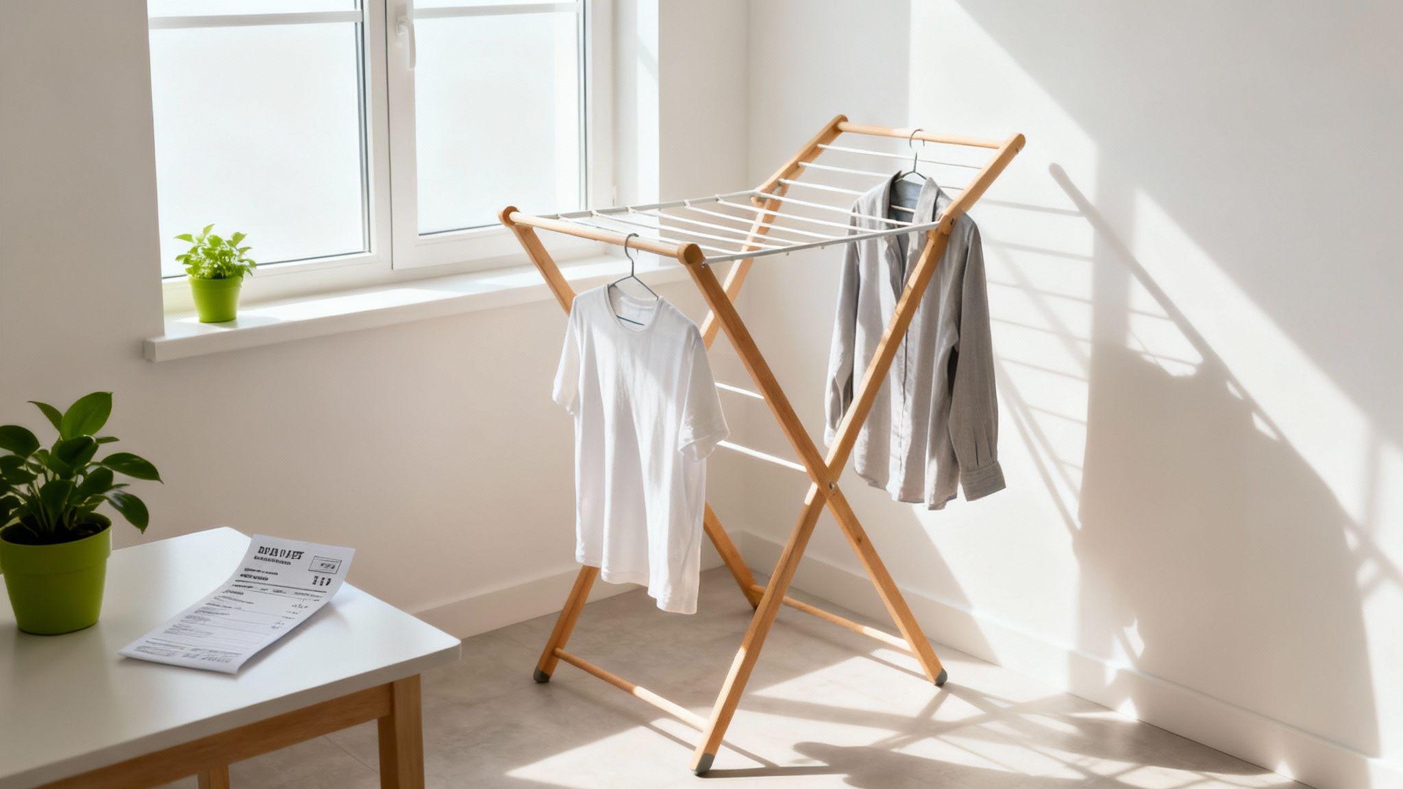 Woman hanging laundry on a drying rack indoors to air dry faster.