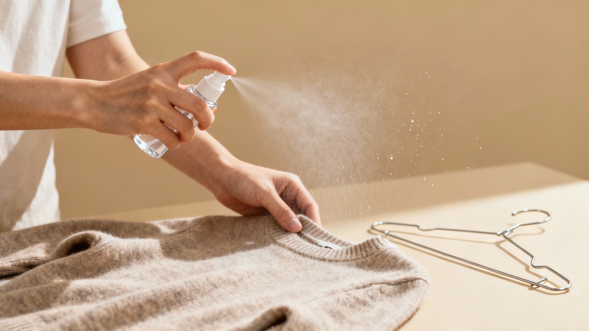 A person misting a black dress with a spray bottle to remove static.