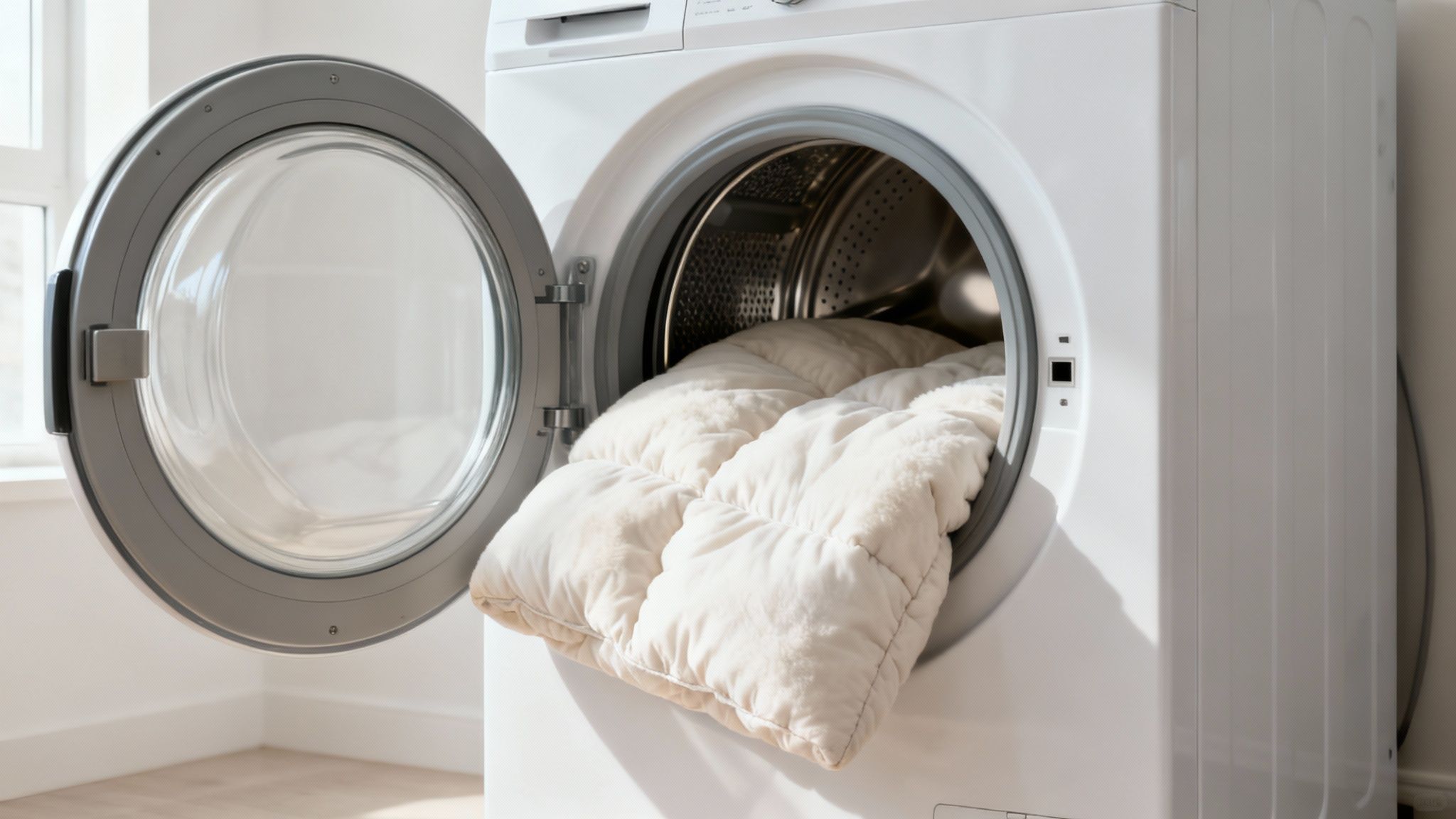 Woman loading a large comforter into a modern front-load washing machine.