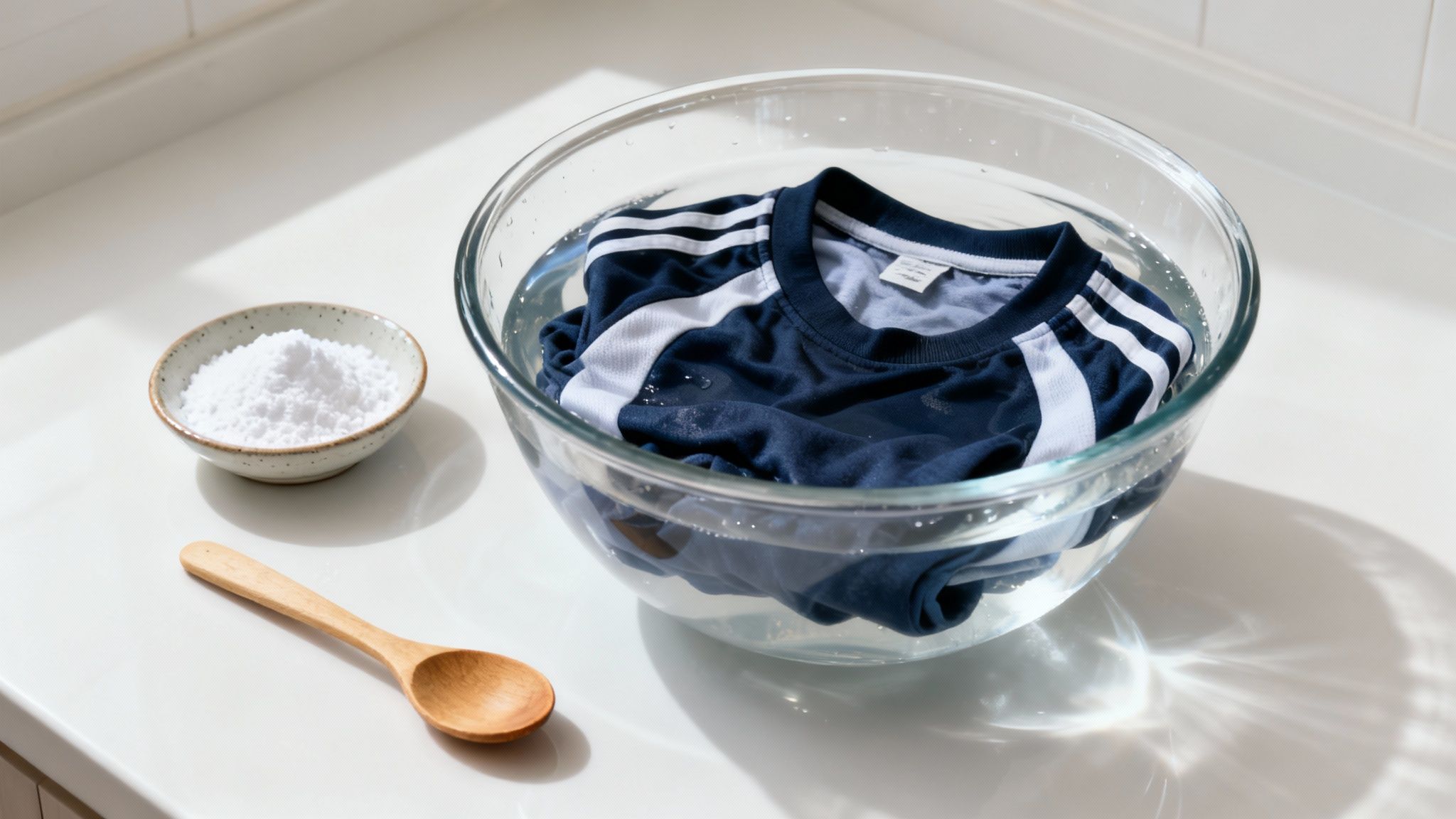 A person soaking a shirt in a basin to remove odors before washing