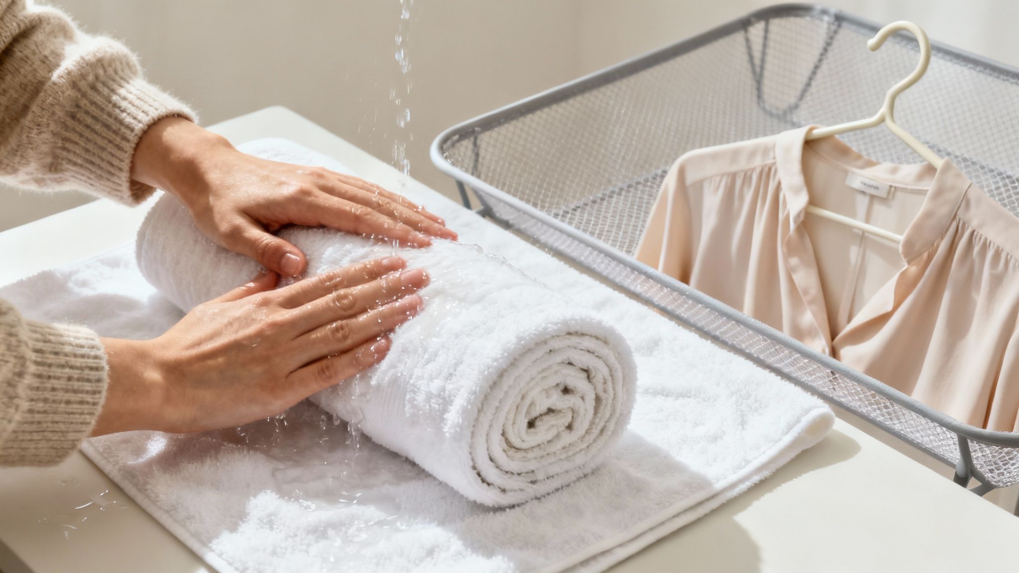 A white sweater drying flat on a mesh rack next to a window.