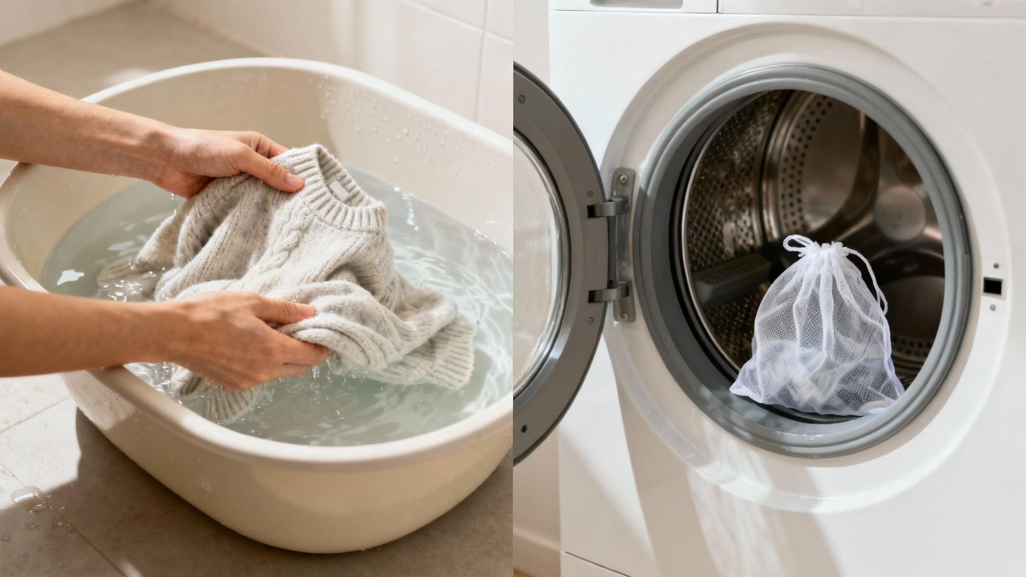 Hand washing delicate knit sweater in basin versus mesh laundry bag in washing machine