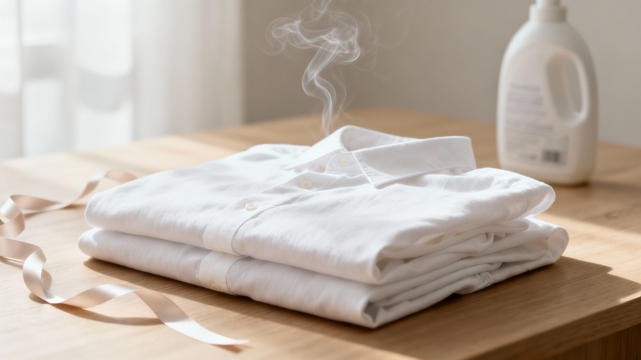 A bottle of luxury laundry detergent next to clean, folded towels.