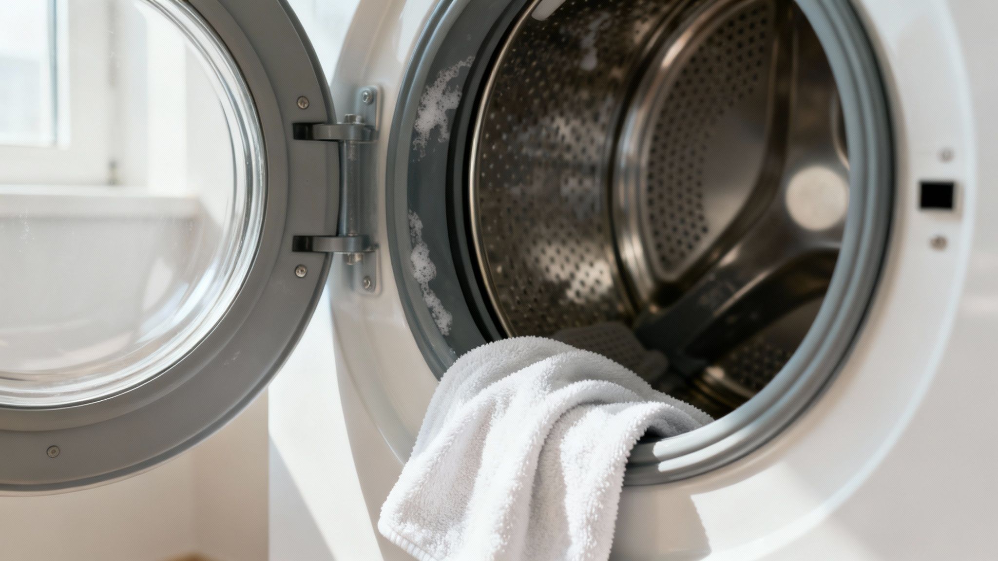 A clean, modern washing machine with a bright light inside the drum, suggesting freshness and cleanliness.