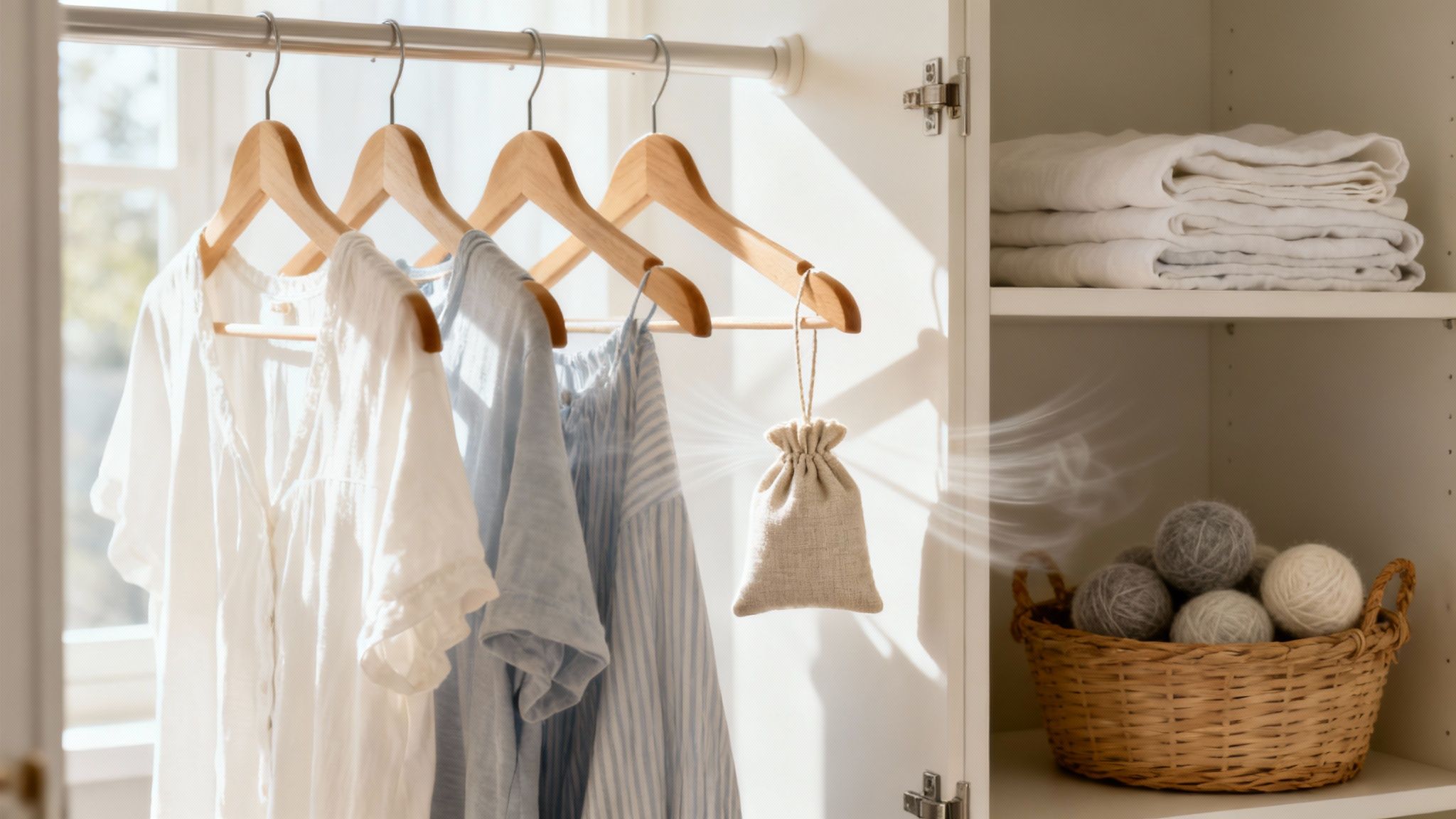 A clean, organized closet with white and blue clothes, folded towels, and a fragrant sachet.