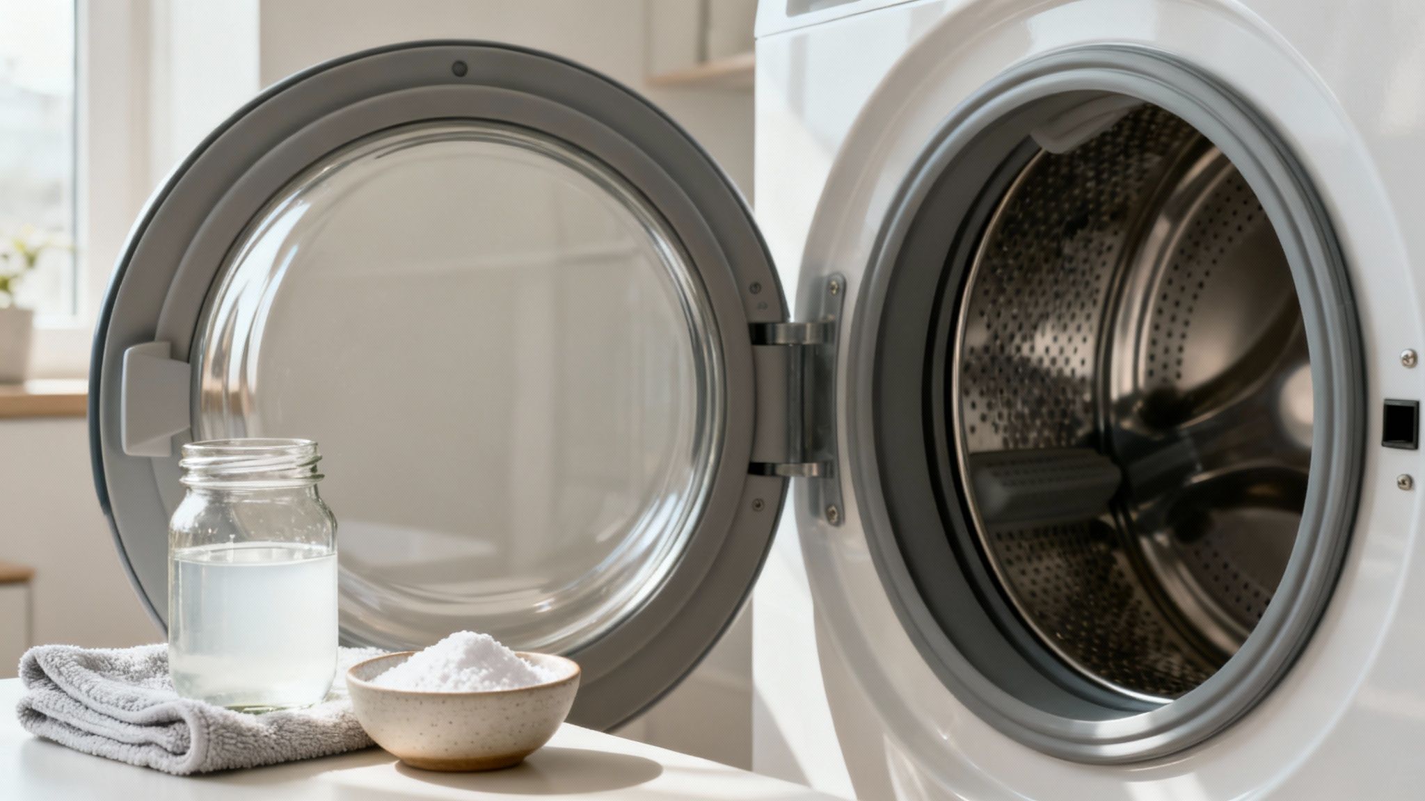 Close-up of a clean, modern washing machine with the door open, ready for laundry.