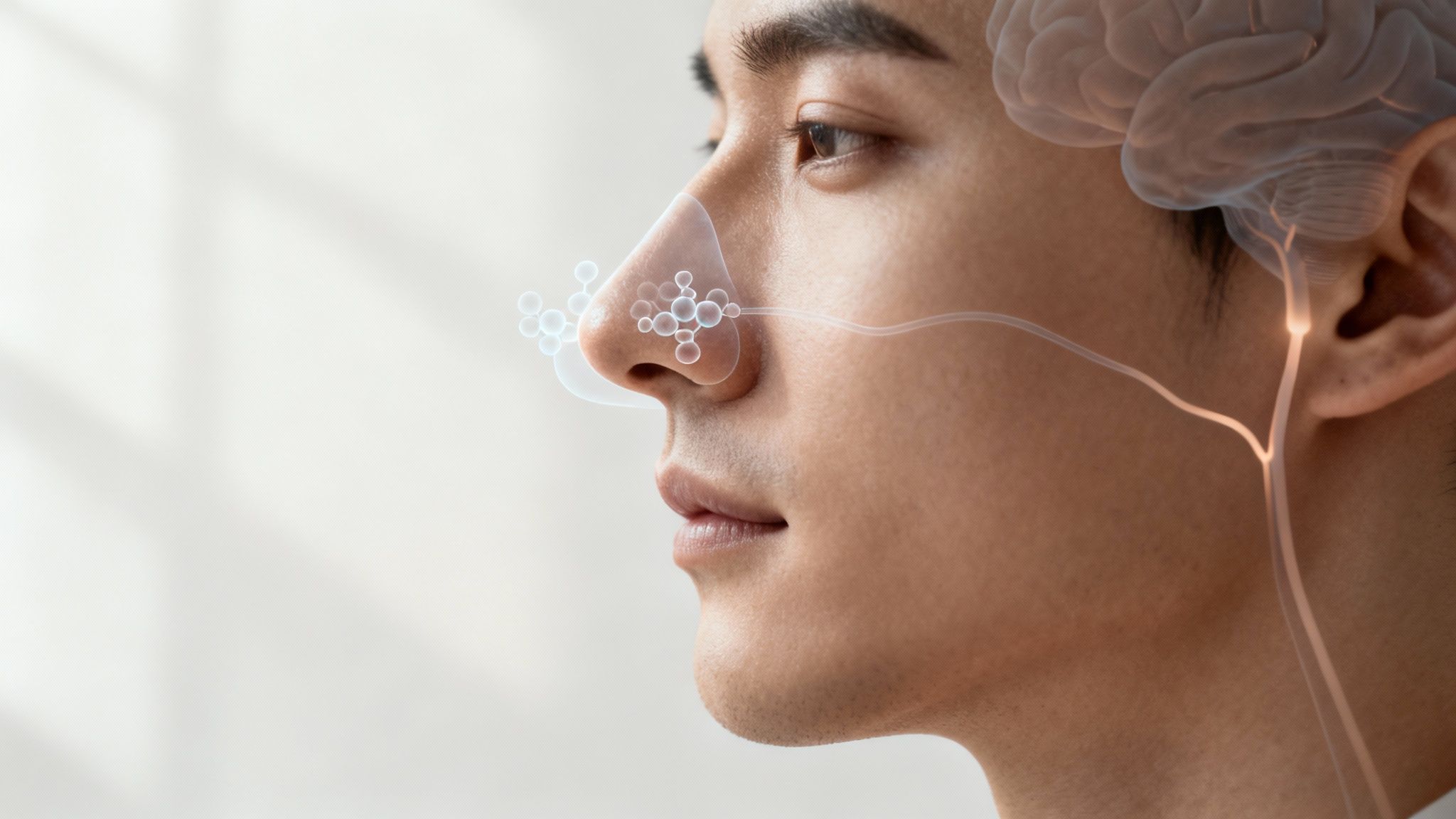 Close-up of a person's nose and mouth, suggesting the sense of smell is being engaged.