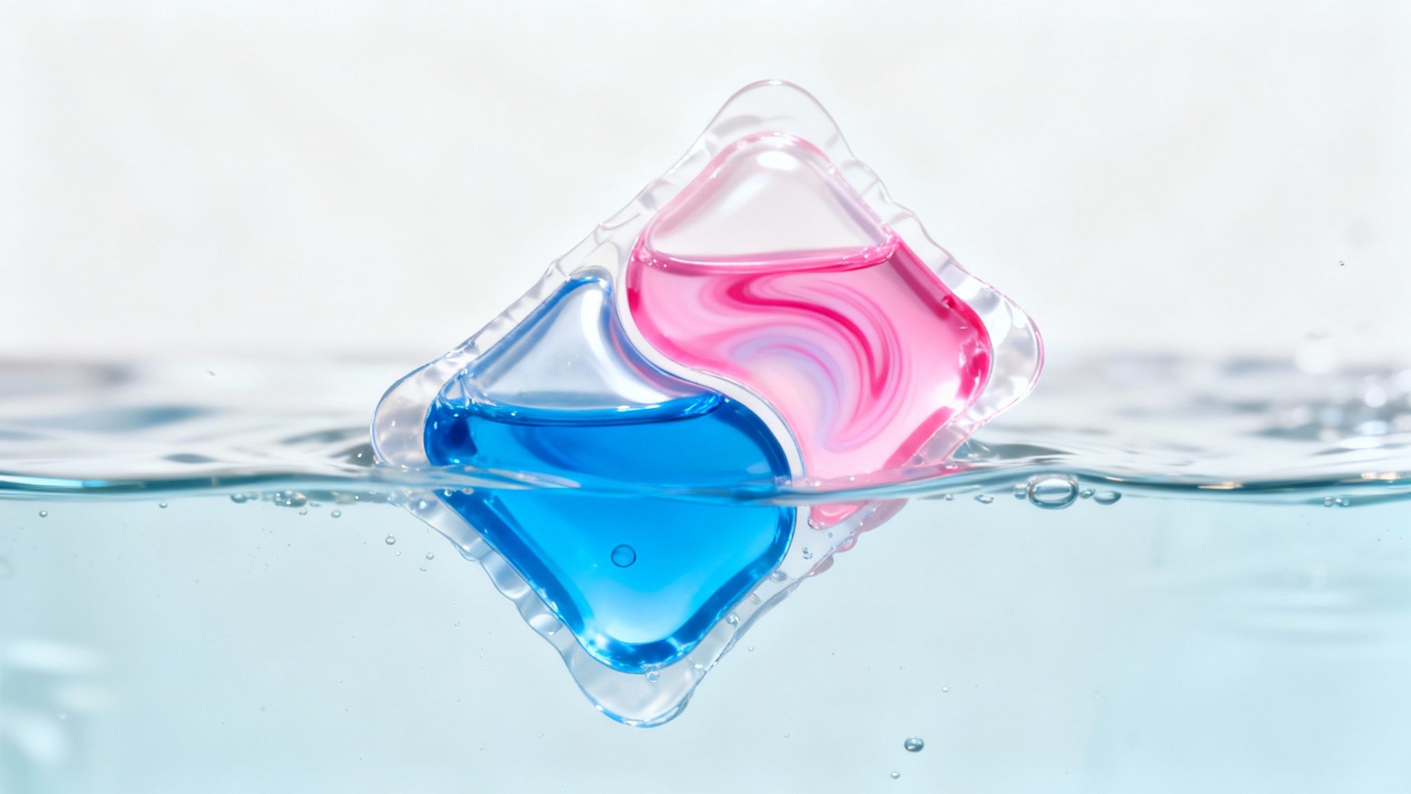 A laundry detergent pod with fabric softener being closely examined, showcasing its multi-chamber design.