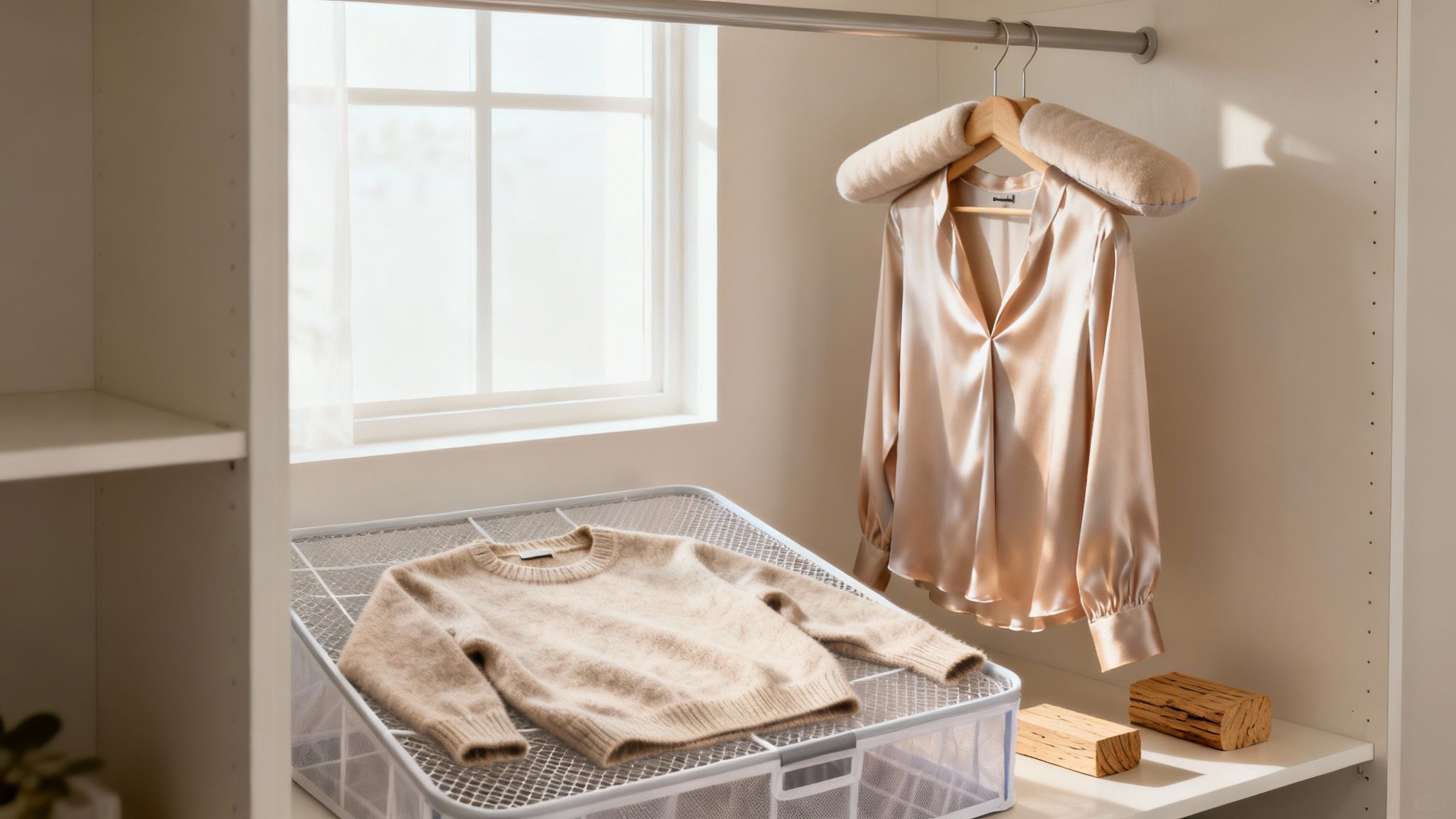 A delicate sweater laid flat to air-dry on a towel