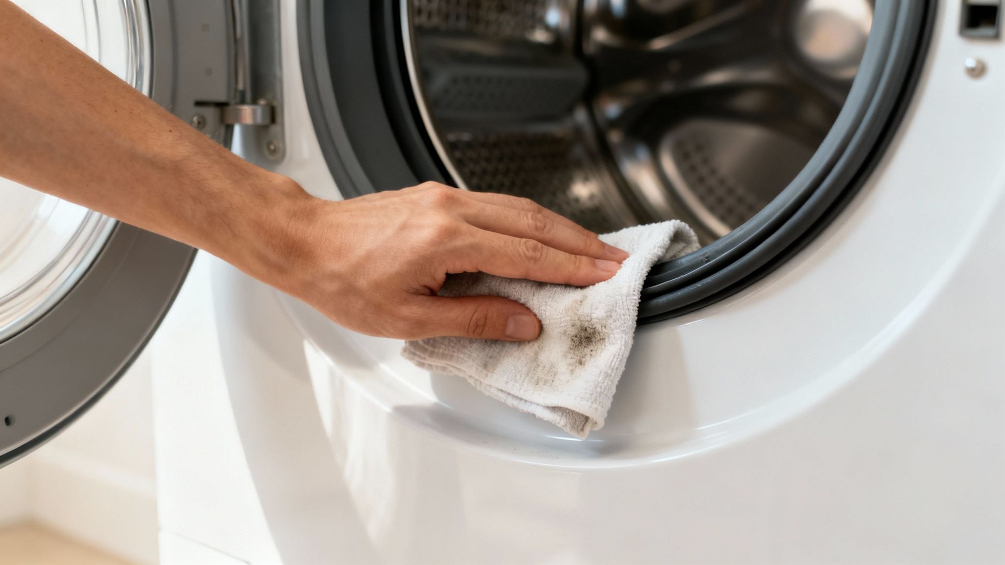 A person's hand uses a dirty white cloth to clean the rubber seal of an open washing machine.