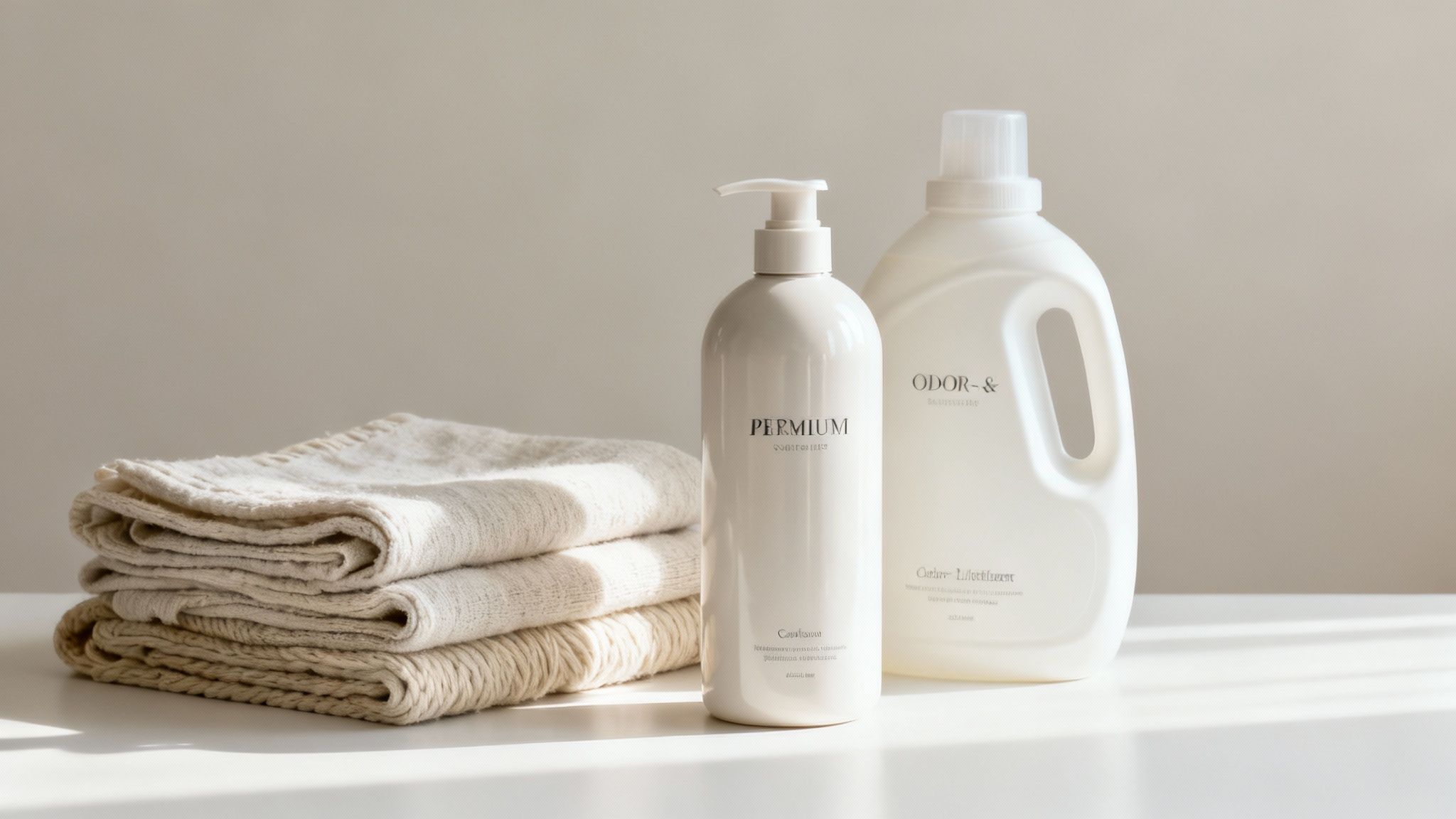 A collection of folded clothes in various natural fibers like cotton and wool, alongside Active Scent products.