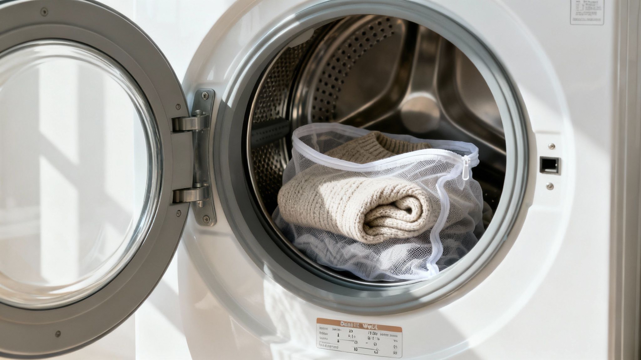 A modern washing machine with a merino wool garment visible through the door.