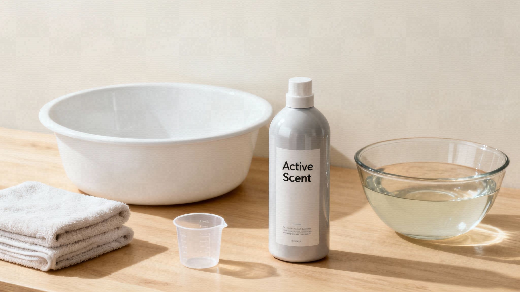 A curated set of hand washing supplies, including gentle detergent, a clean basin, and soft towels.