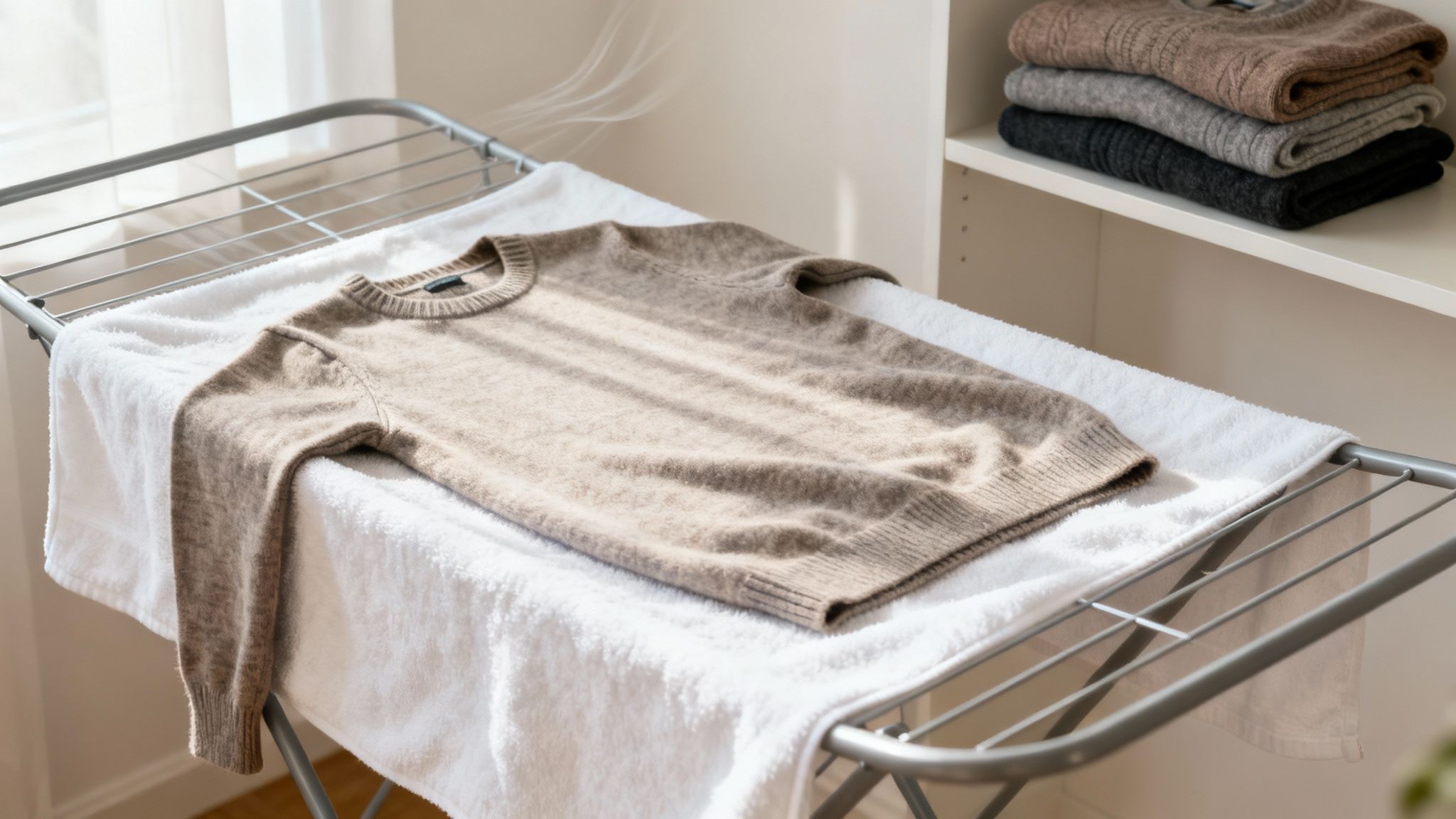 A merino wool sweater laid flat to dry on a white towel.