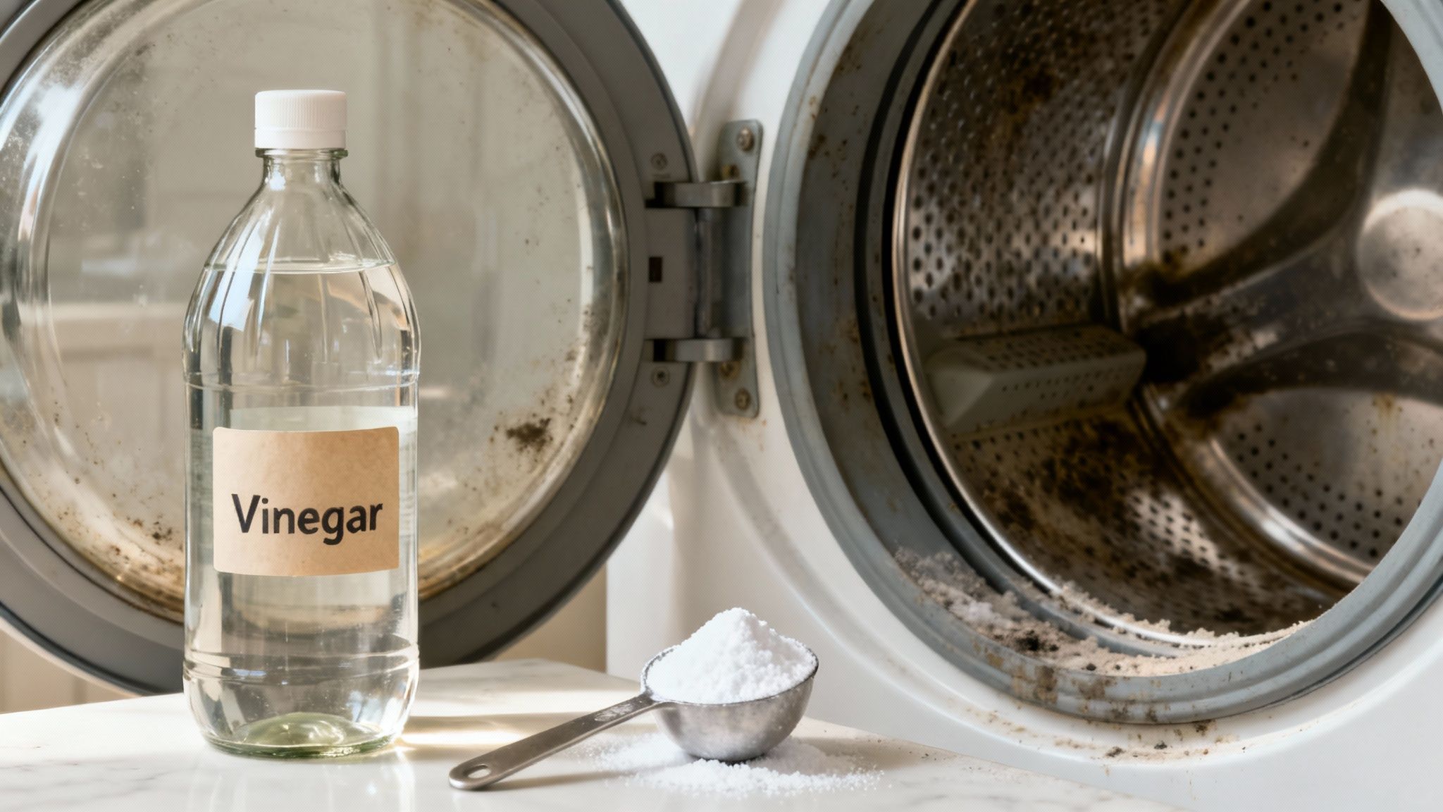 A person wearing yellow rubber gloves wipes down the interior of a front-loading washing machine.