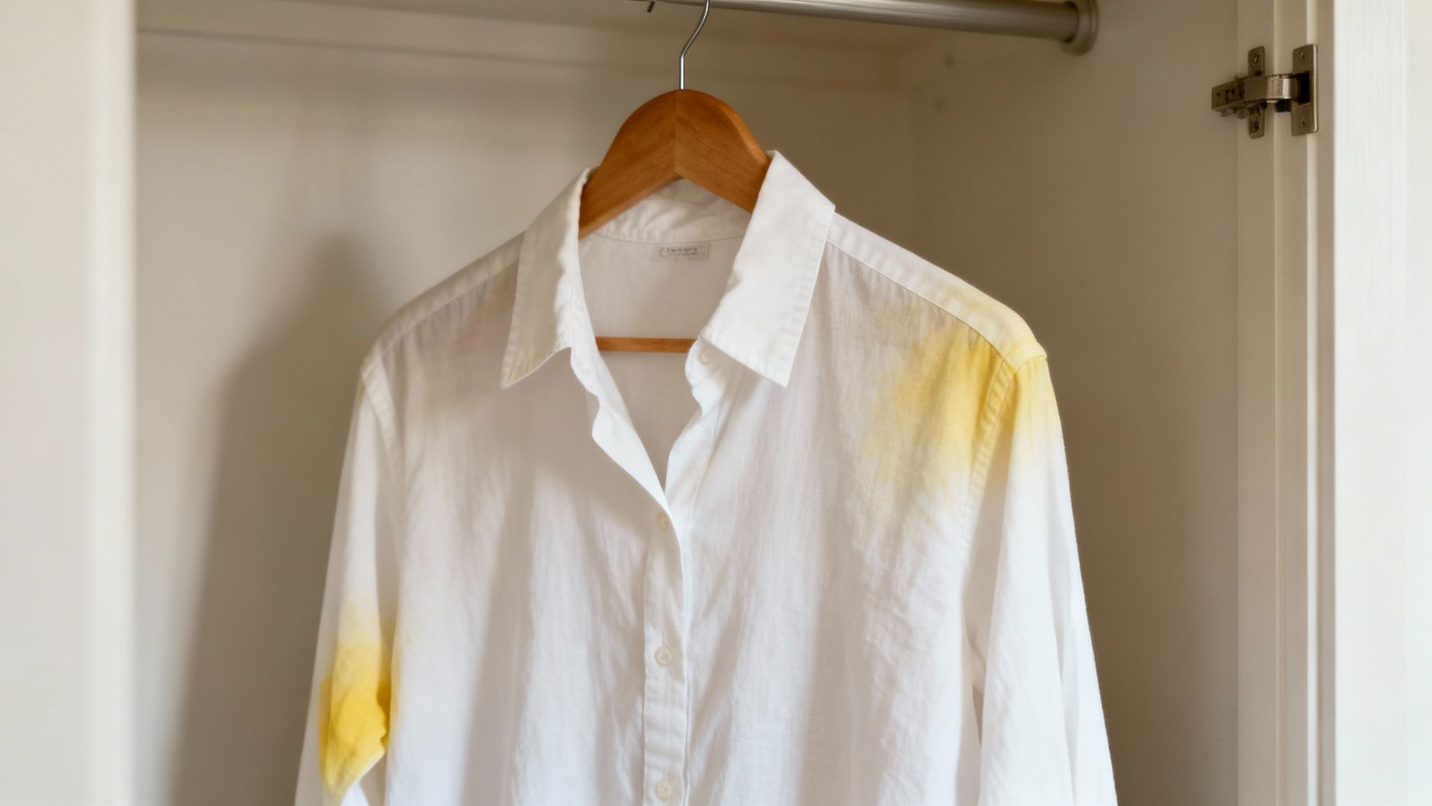 A collection of white clothes with yellow stains hanging on a clothesline.