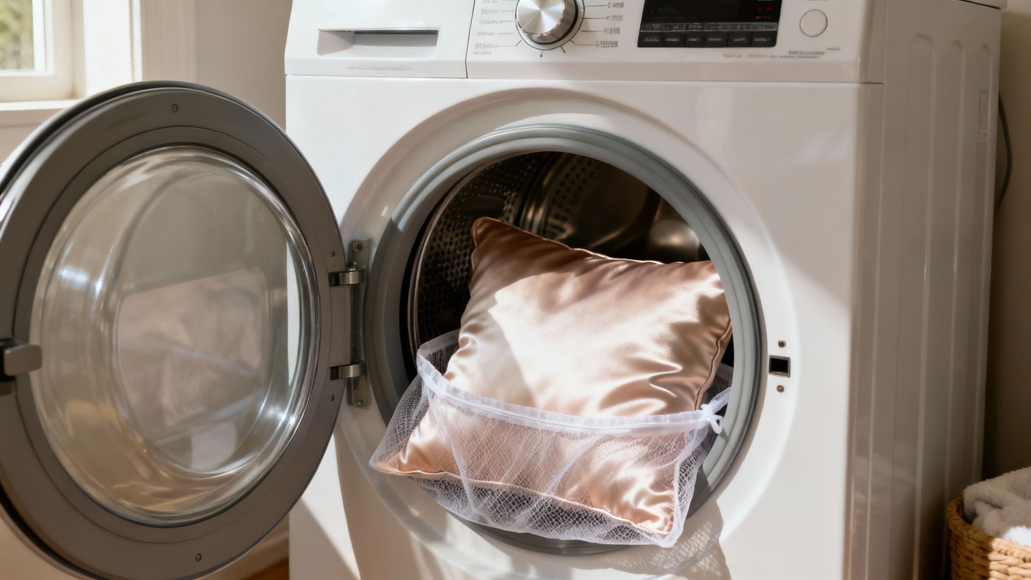 A silk pillowcase being placed inside a white mesh laundry bag next to a washing machine.