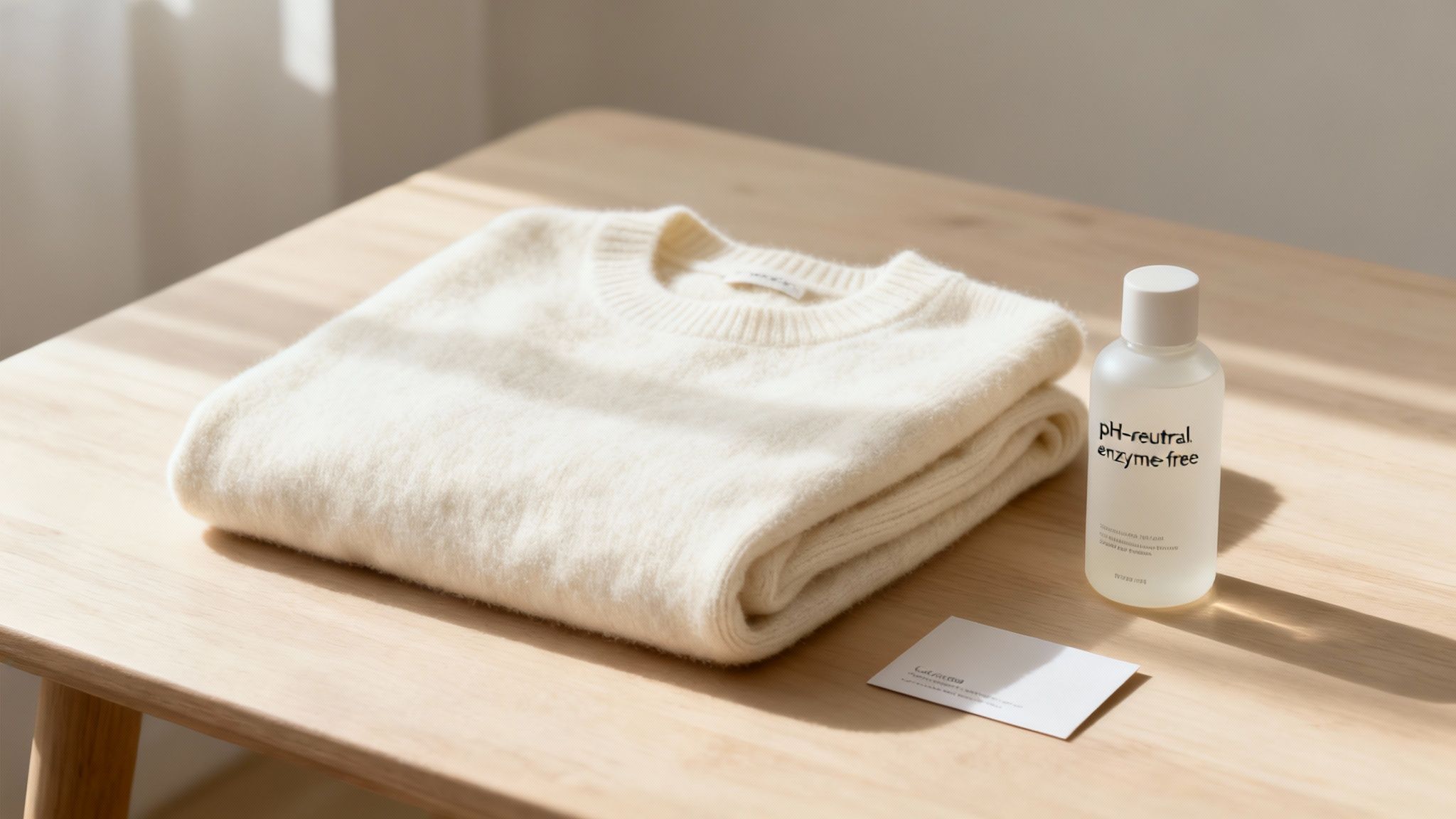 A luxurious cashmere sweater folded neatly on a wooden surface, ready for washing.
