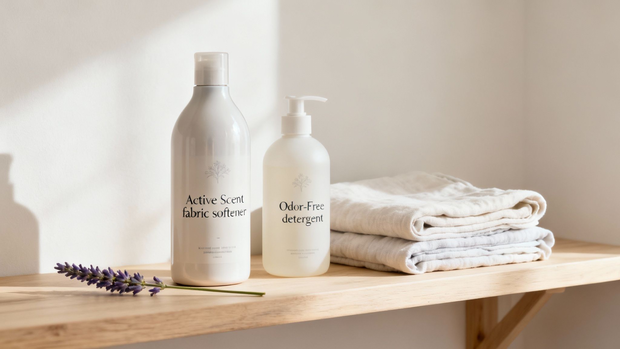 Fabric softener and odor-free detergent bottles with folded linens on wooden shelf