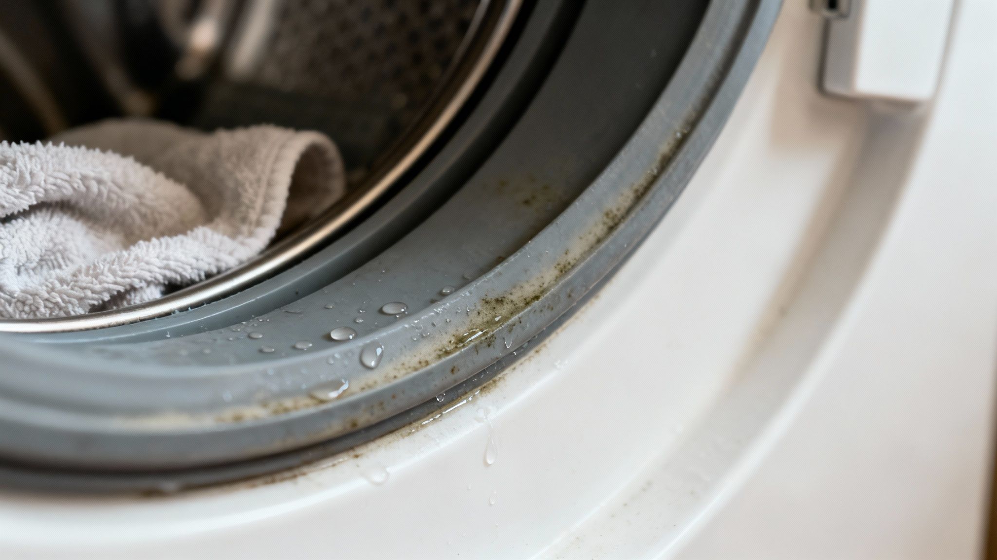 A person smelling a freshly washed towel with a dissatisfied expression.