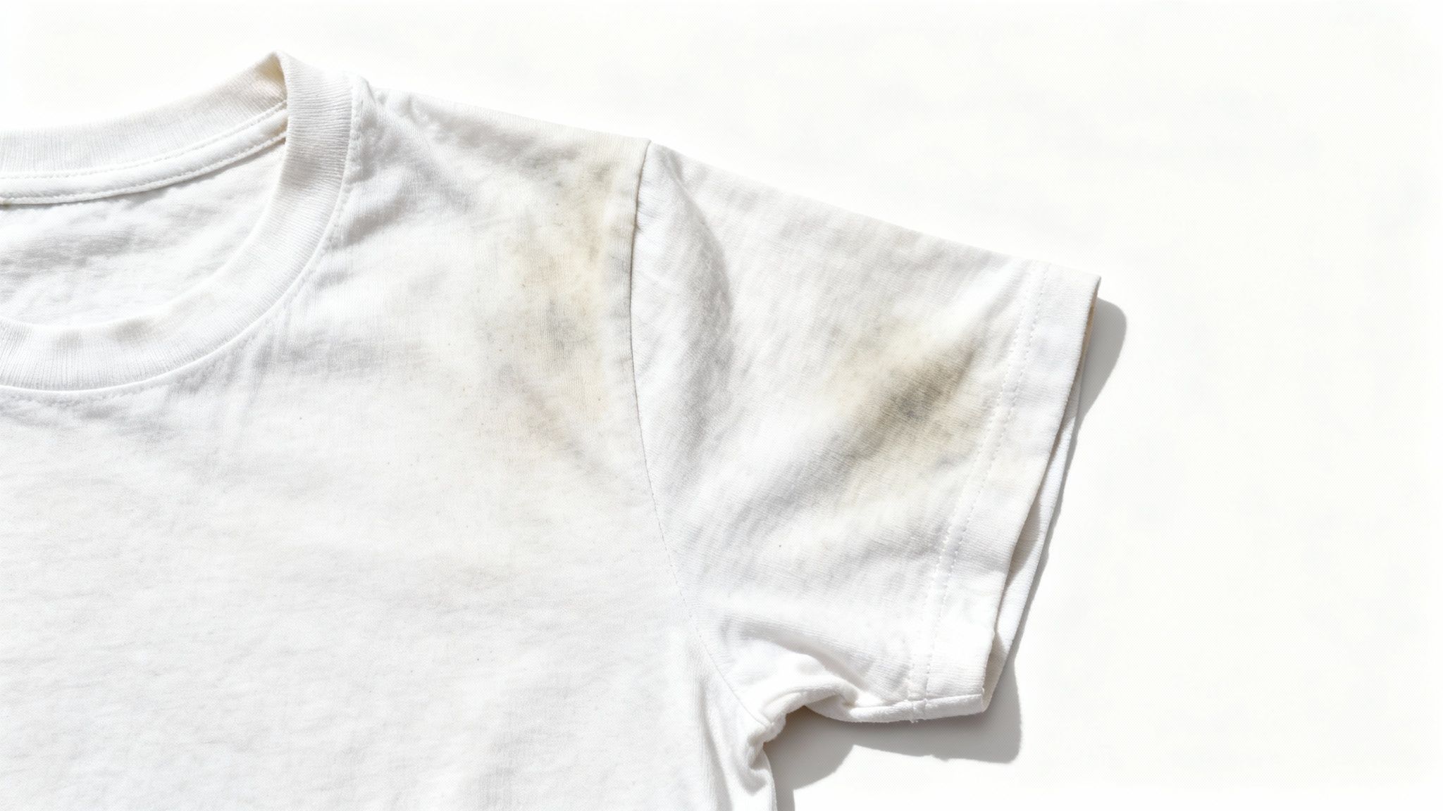 A person smelling a freshly washed shirt with a frustrated expression.