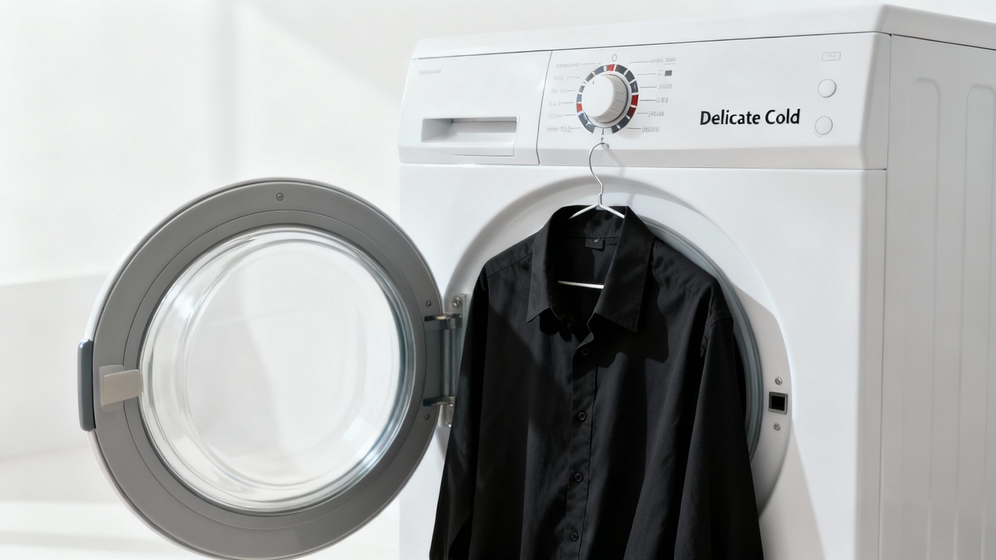 A person hangs dark clothes on a clothesline outdoors.