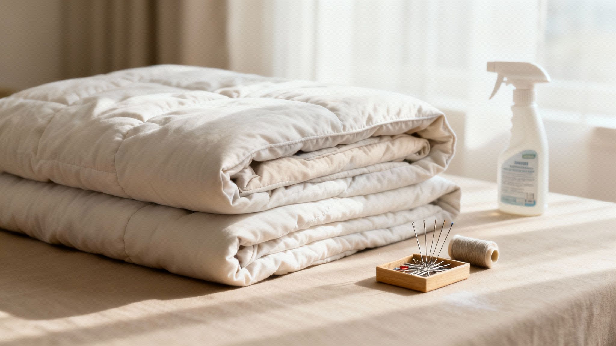 Person inspecting the care label on a large, fluffy king size comforter.