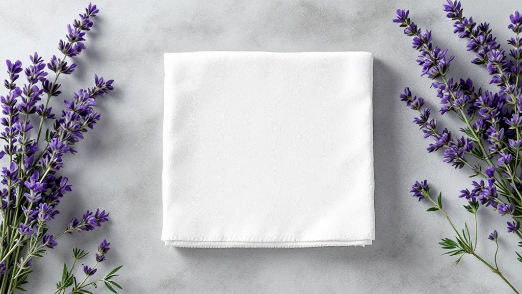 A close-up shot of a dryer sheet showing its texture, with soft light highlighting the fabric.
