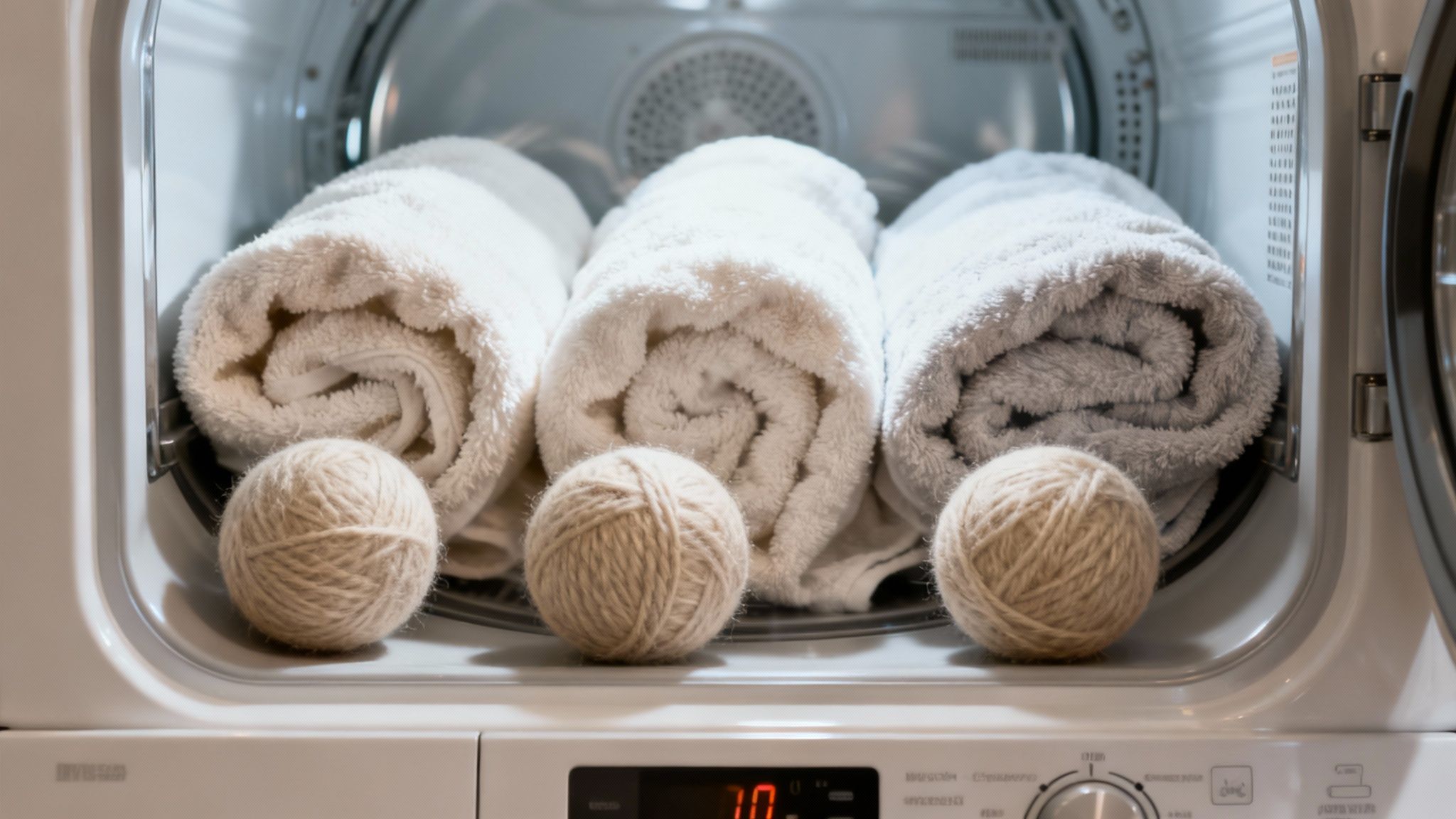 A set of wool dryer balls next to neatly folded, fluffy towels.