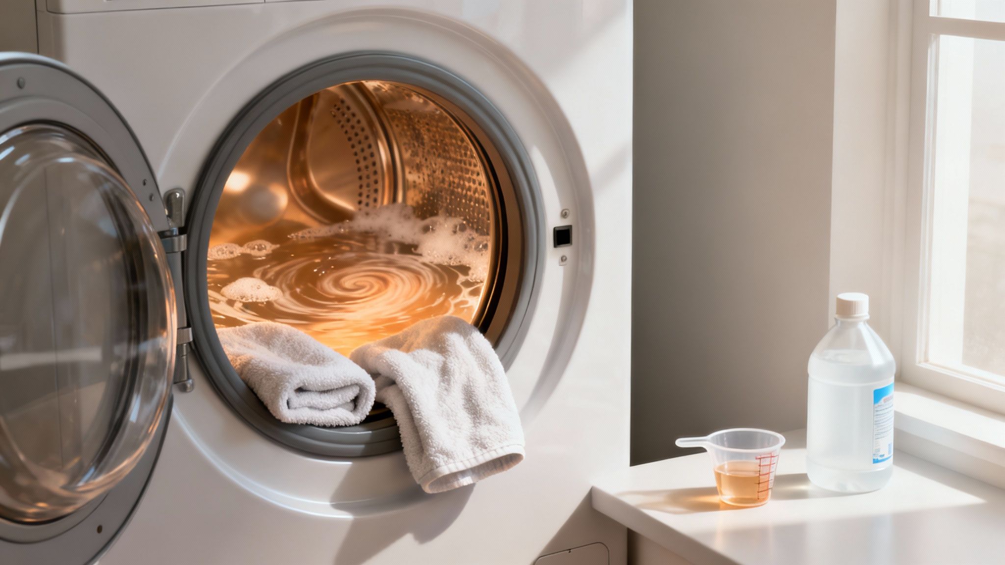 A modern laundry room with a front-loading washing machine and neatly folded towels nearby.