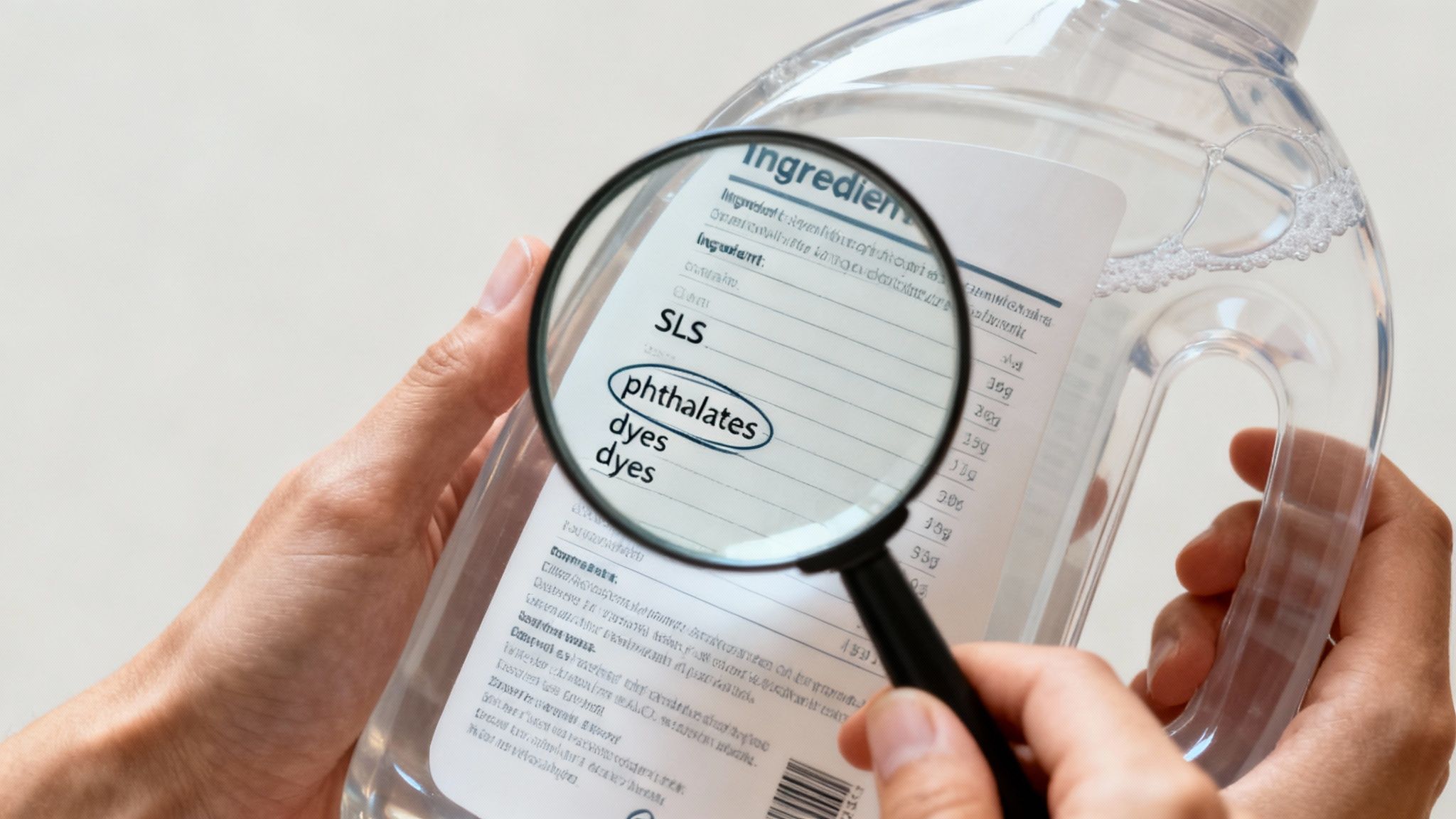 A person closely examining the ingredient label on a laundry detergent bottle.