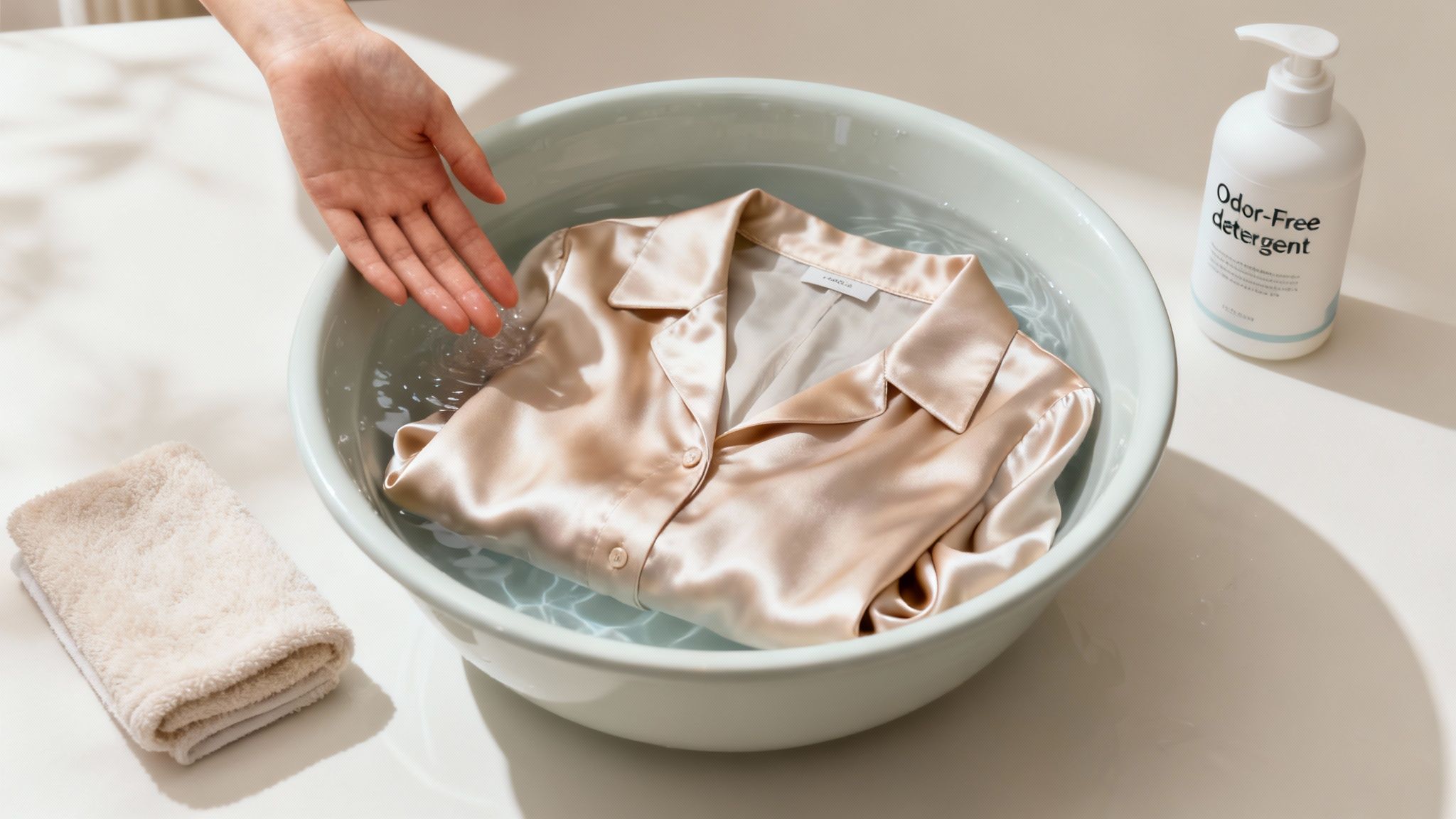 A person carefully hand-washing a delicate silk garment in a clean sink.