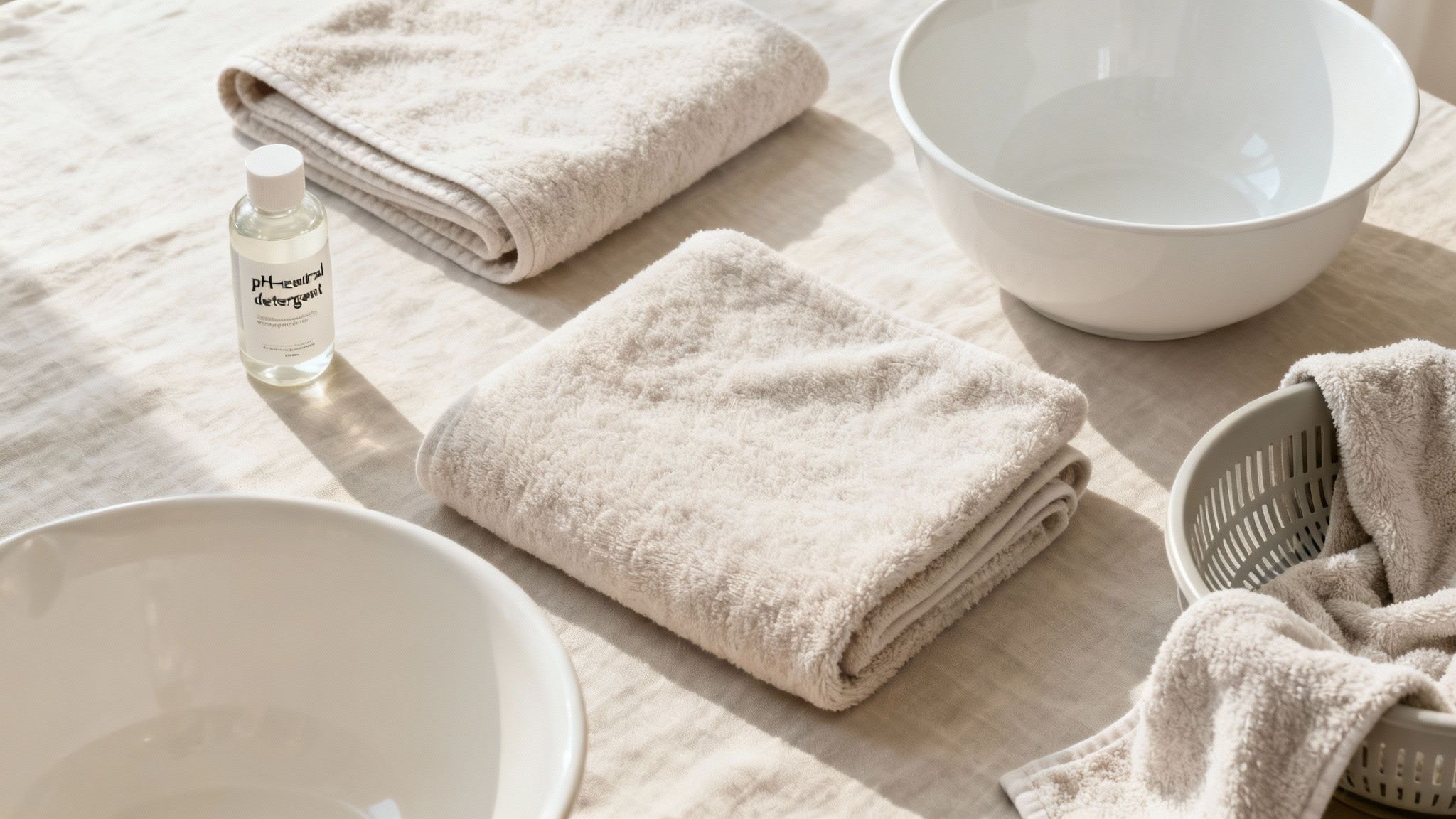 A collection of cashmere care tools including a gentle detergent, a basin, soft towels, and a mesh drying rack.