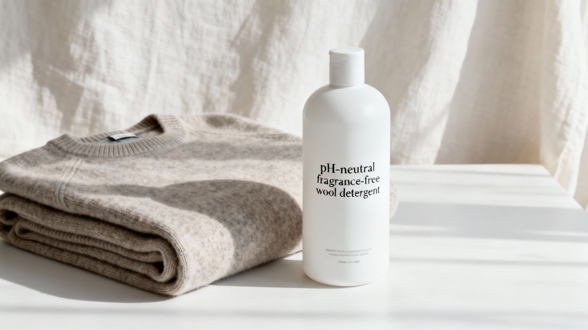 Merino wool garments being carefully folded next to laundry products.