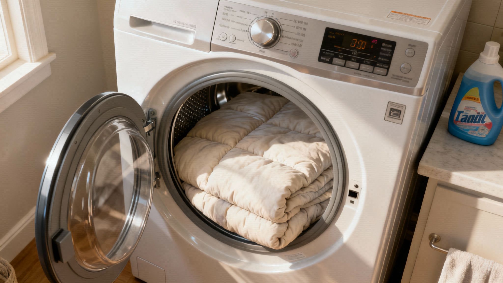 Person pouring liquid detergent into a washing machine.
