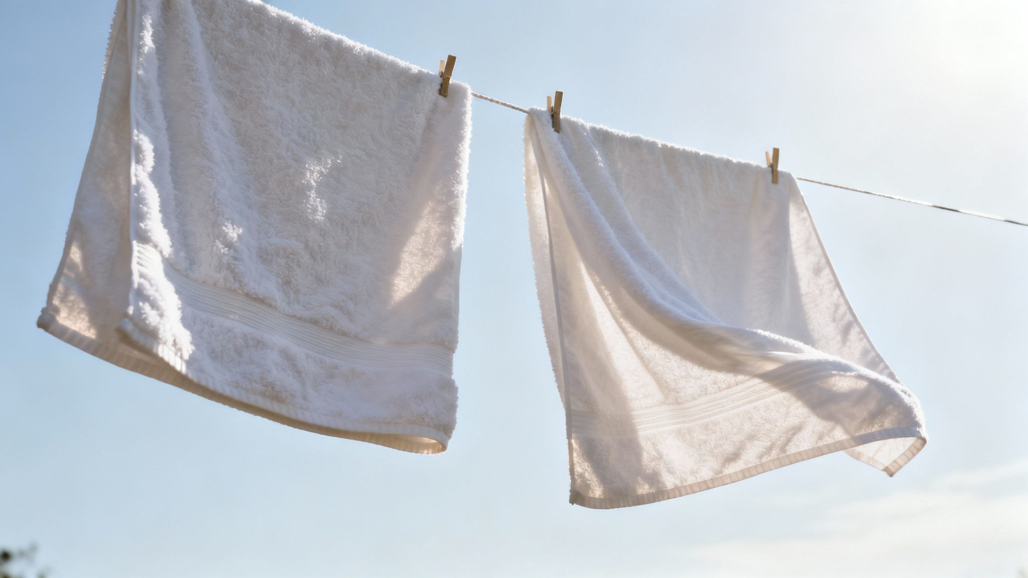 Two clean white towels drying on a clothesline under a bright blue sky, catching sunlight.