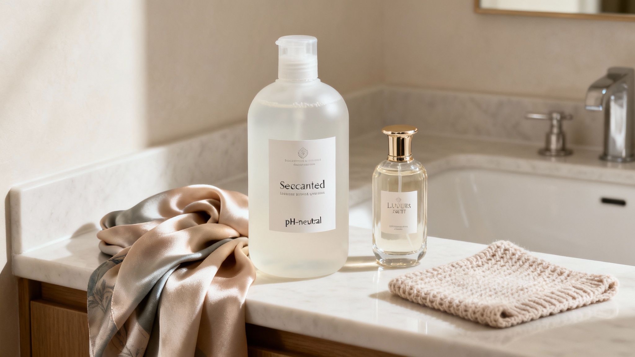 A luxurious bottle of laundry detergent next to folded delicate garments