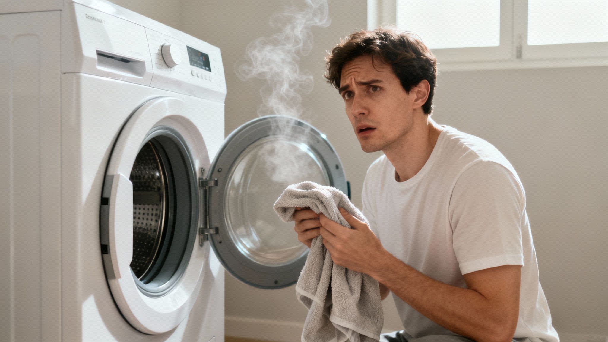 A man looks concerned while holding a towel next to a smoking, malfunctioning washing machine.