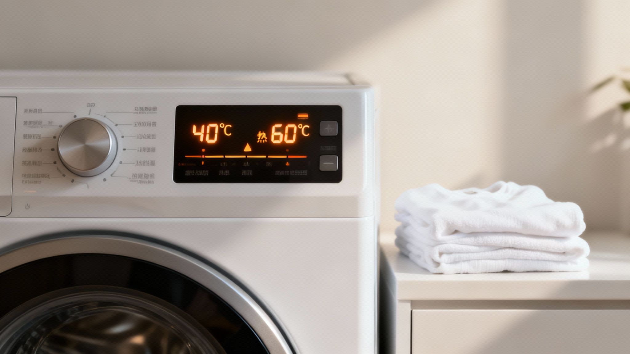A modern washing machine with a crisp white towel visible through the door.