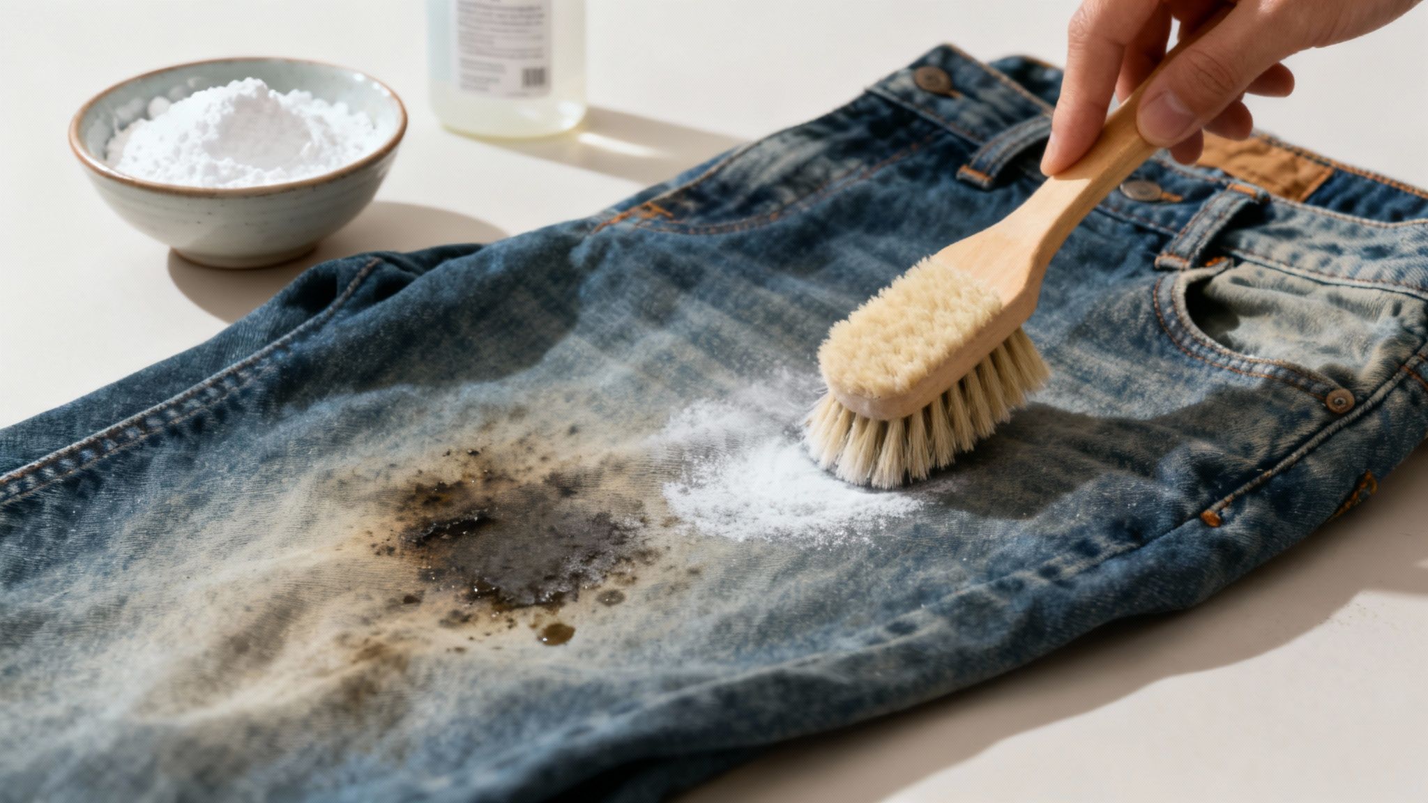 An old, set-in oil stain on a pair of jeans.
