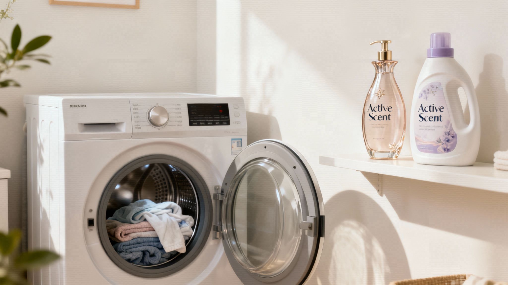 White front-load washing machine with open door and laundry detergent bottles on shelf