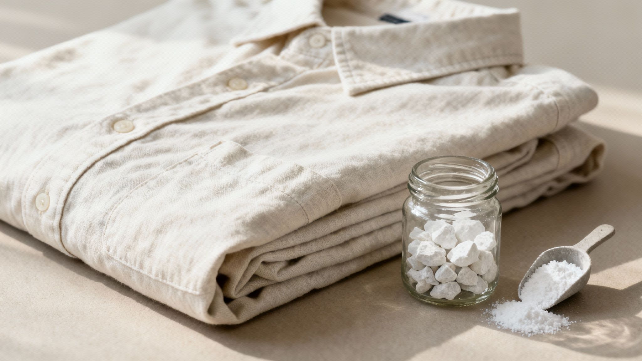 A person's hands feeling a soft, freshly laundered sweater.
