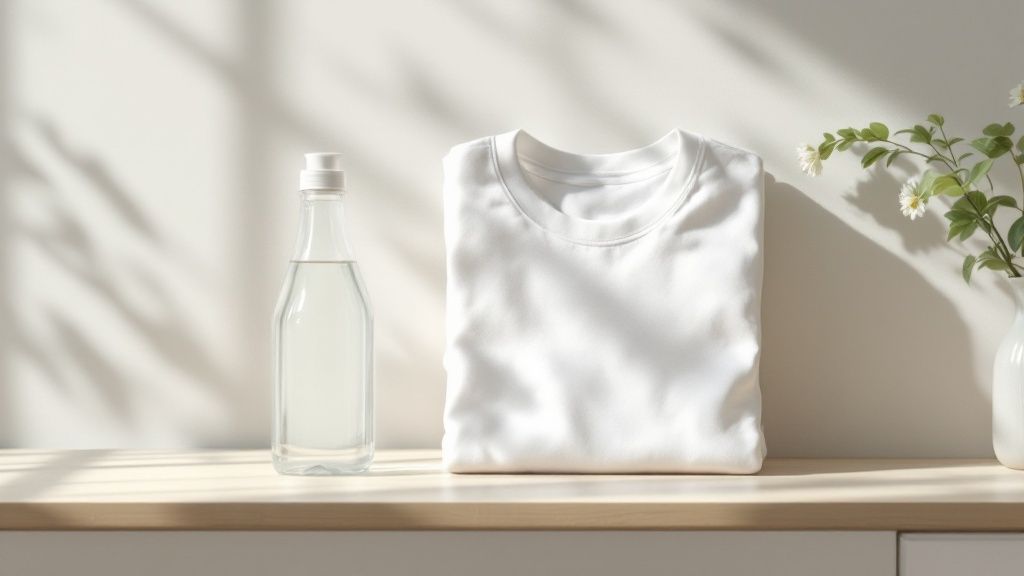 Clean white laundry detergent being poured into a washing machine