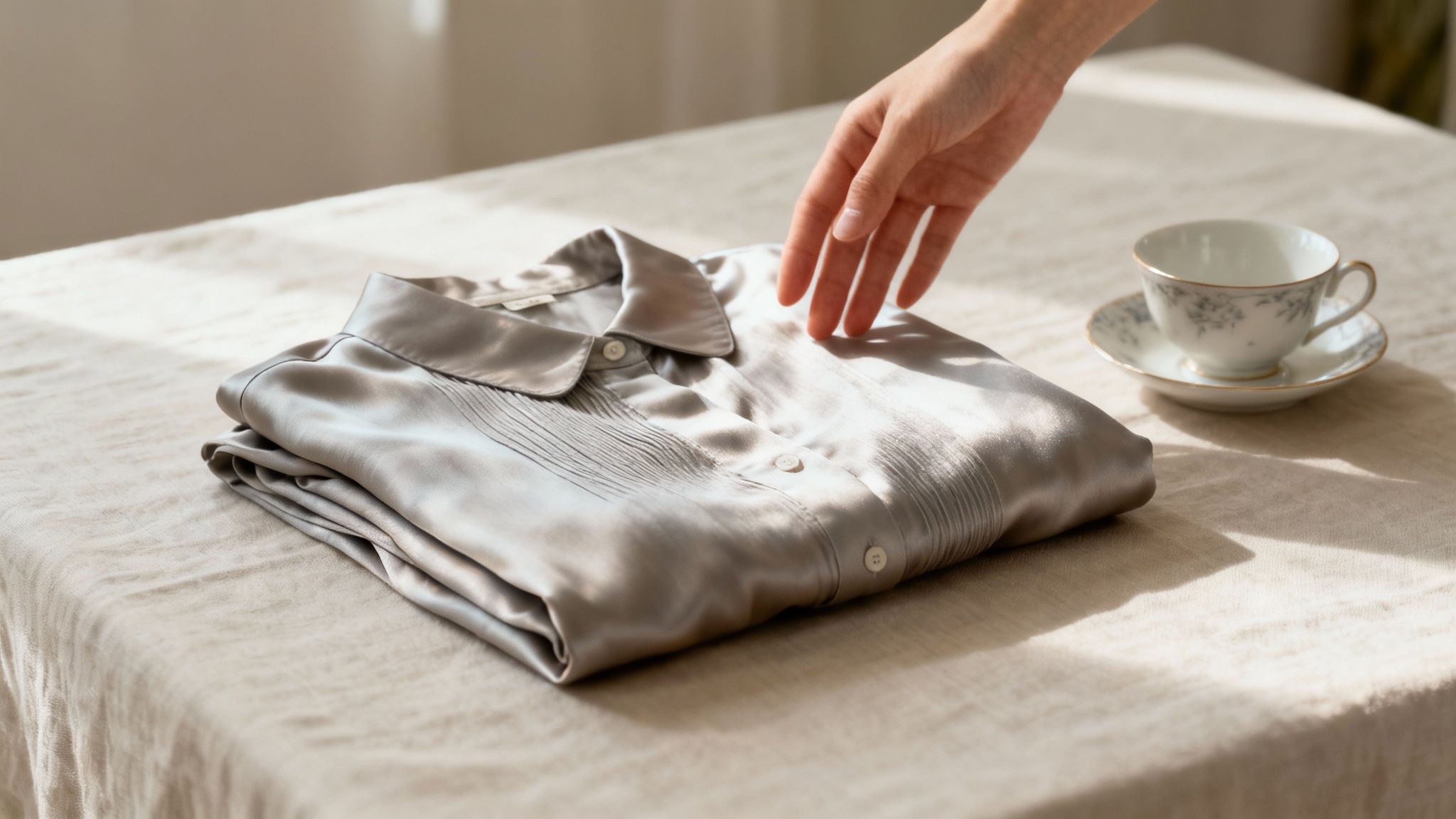Hand reaching for neatly folded silk blouse on linen tablecloth near delicate teacup