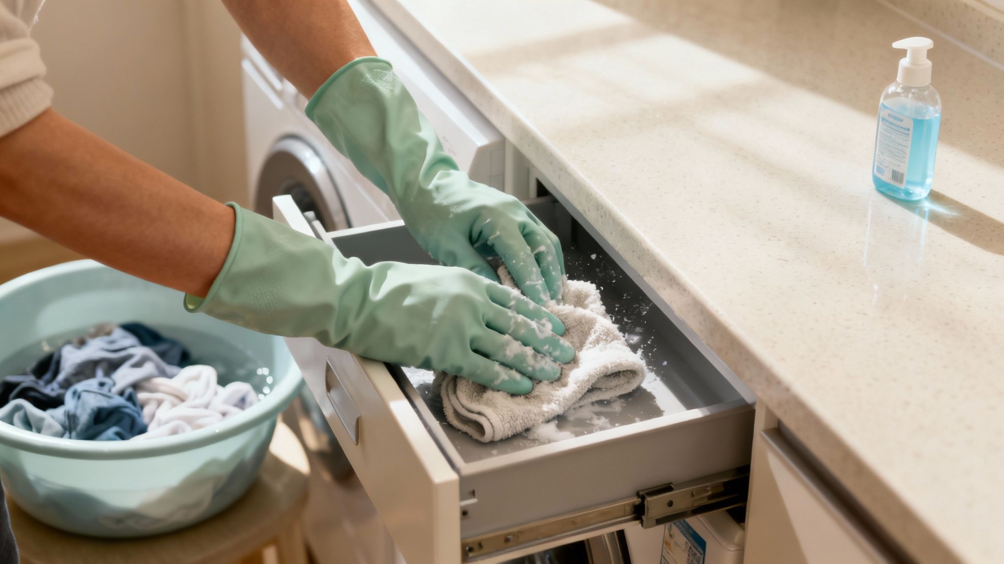 Person wearing green gloves cleaning a washing machine's detergent drawer with a cloth.