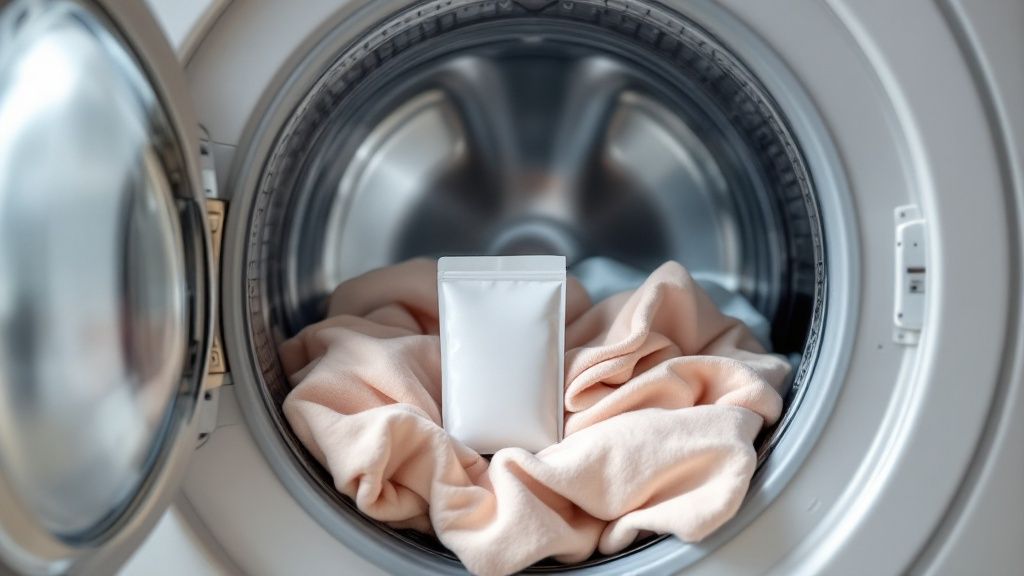 A modern washing machine with a laundry basket next to it, set in a clean, bright laundry room.