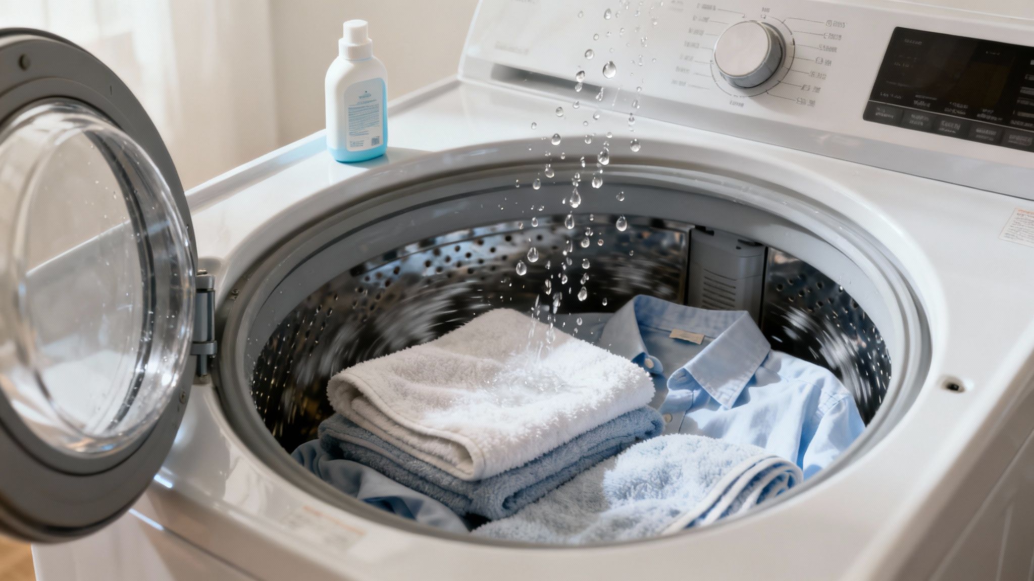 Washing machine door open with laundry inside, ready for a high-spin cycle.